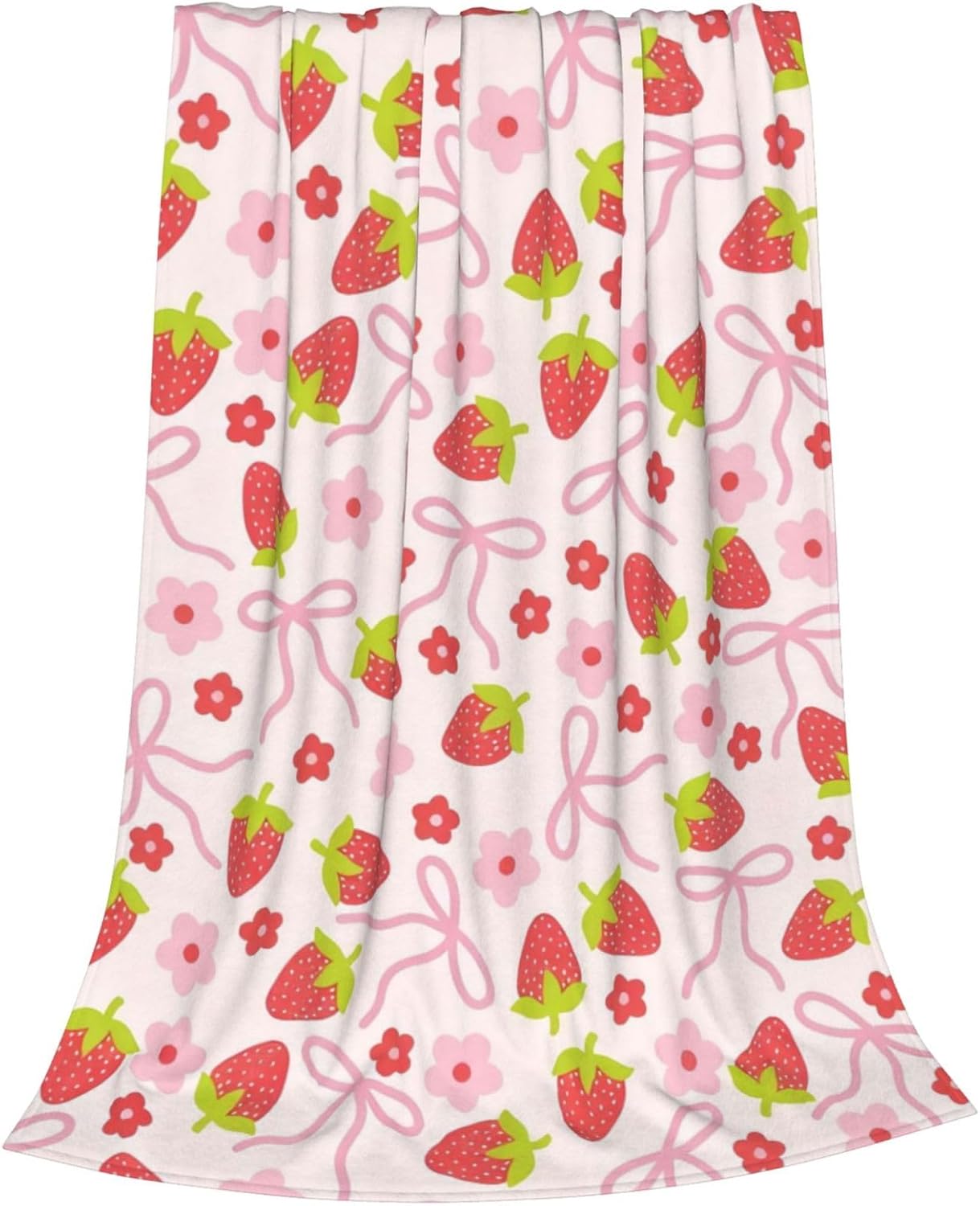 Cute Strawberry Bow Decor Throw Blanket Pink for Kids - Soft Fleece Throw Home Decor for Girls Women Teens as Birthday Gifts, Cozy Fruit Pattern Blankets for Couch Bed Camping 50x40inches