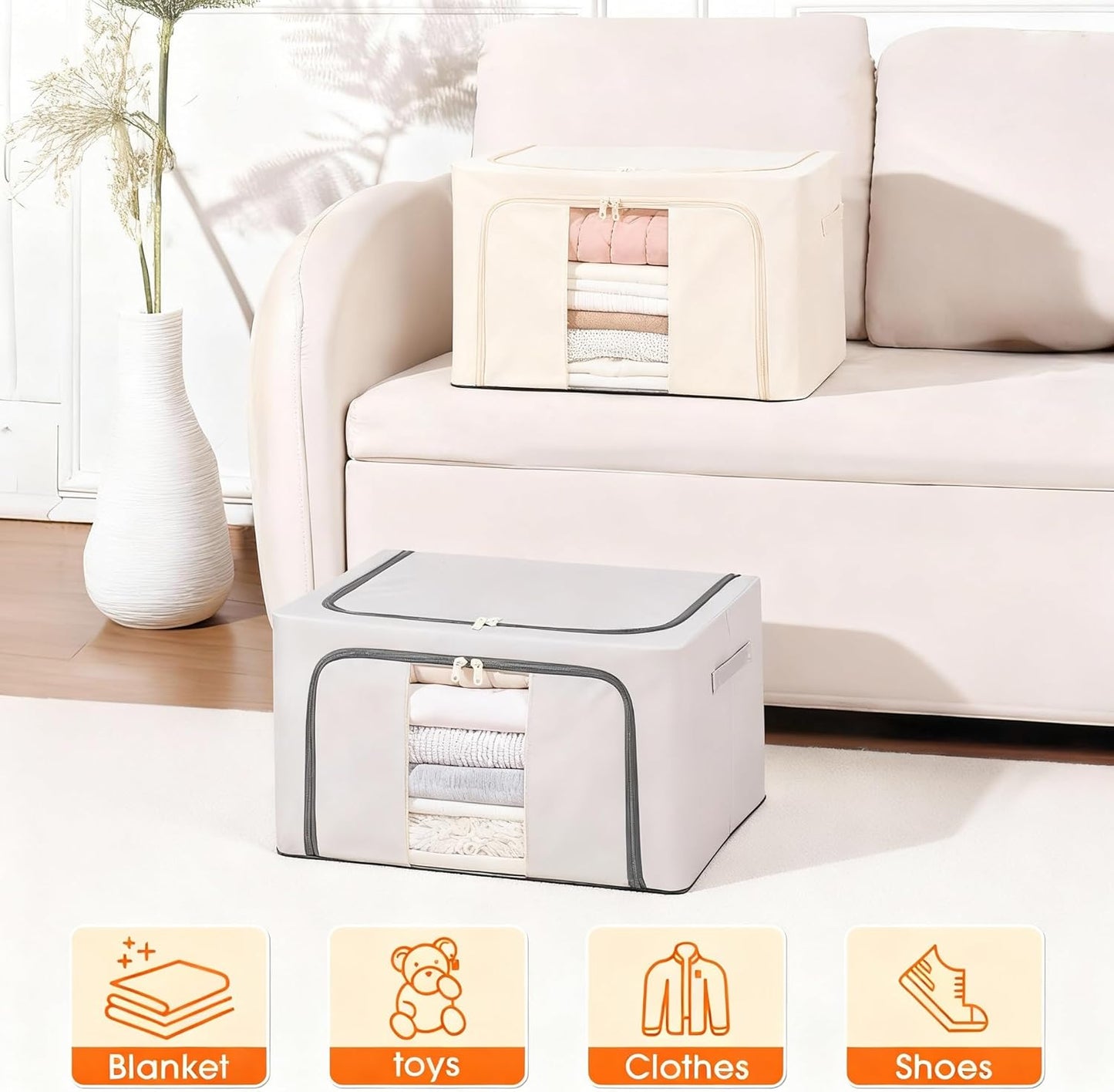 Sturdy Storage Box with Handle Lid Collapsible Fabric Organizer Chest Bins For Blankets Clothes Books 16 * 12 * 8inches