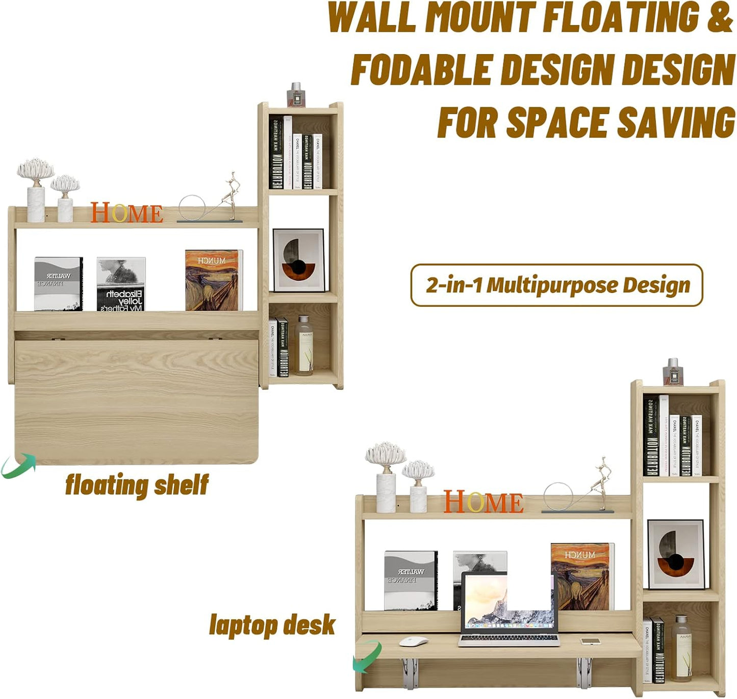 Pmnianhua Floating Desk,41''Wall Mounted Table Folding Fold Down Laptop Computer Desk with Storage Shelves for Wall Bedroom Small Space (Light Oak)