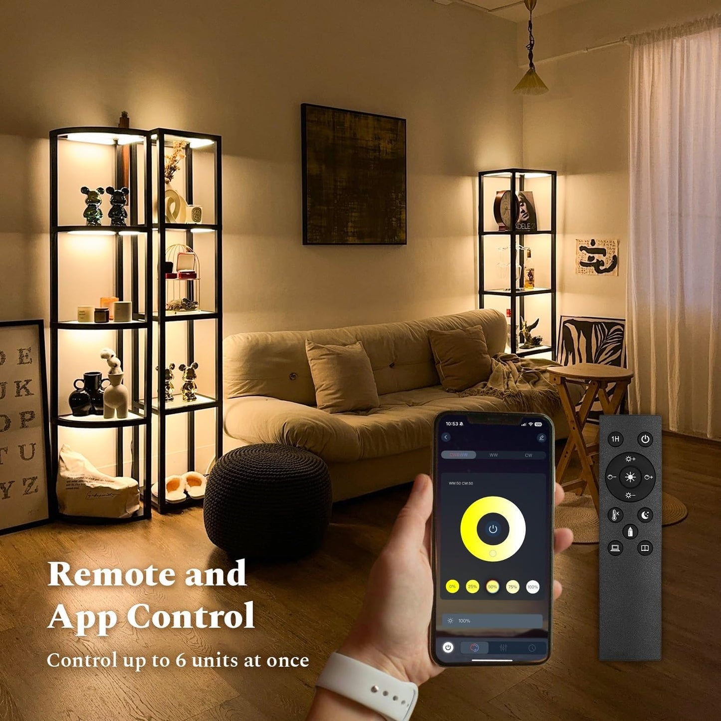 Glass Display Shelf with Remote/APP Control, Curio Cabinet for Collectibles with Light, Modern Shelf Floor Lamp with Adjustable Color Temps for Living Room, Bedroom