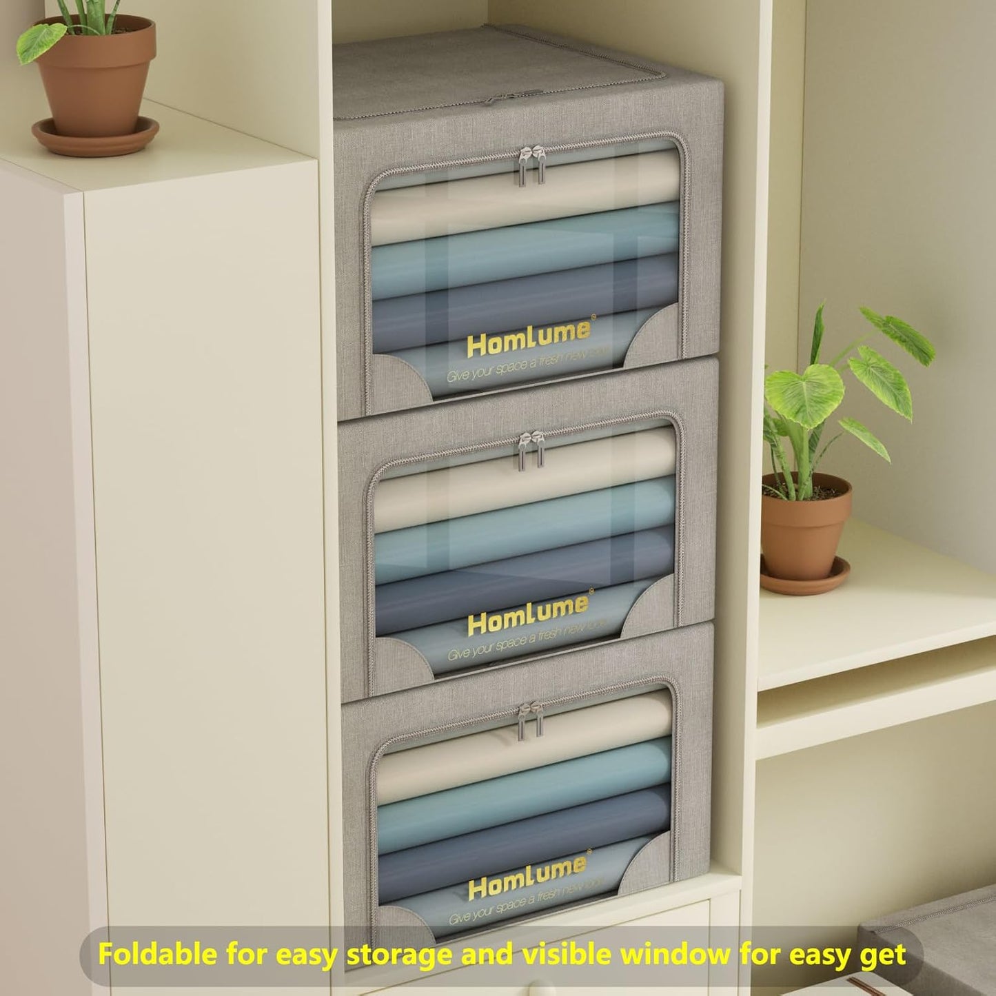3 Packs Storage Boxes for Clothes Collapsible Storage Bins with Cedar Wood Piece, Linen with Metal Supports and Durable Handles Metal Storage box,Clear Window with Zippers (Light Grey,70L)