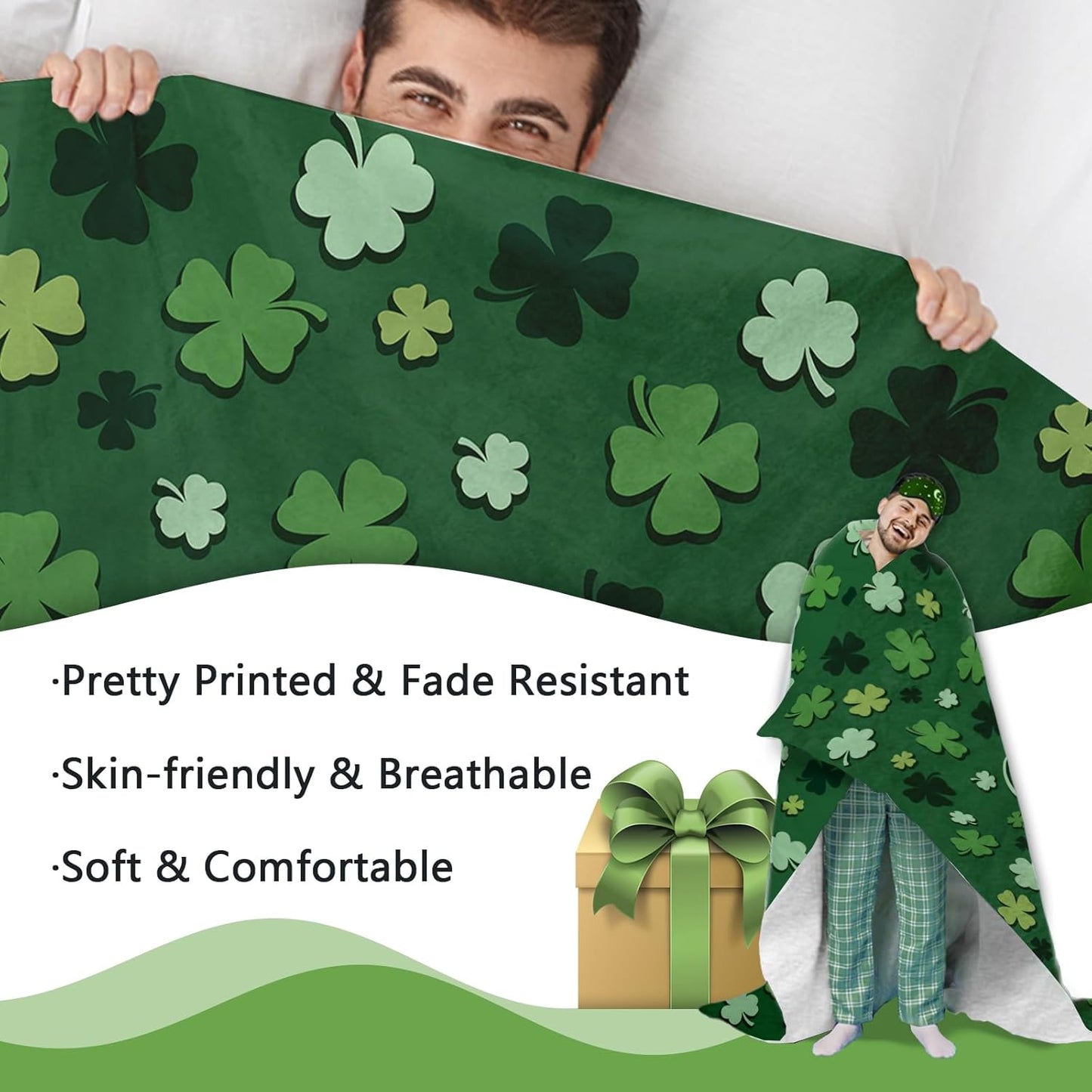 St Patricks Day Flannel Throw Blanket, Lucky Shamrock Clover Birthday Gifts for Kids Men Women, Irish Spring Soft Blankets for Bedding Sofa 50" x 60"