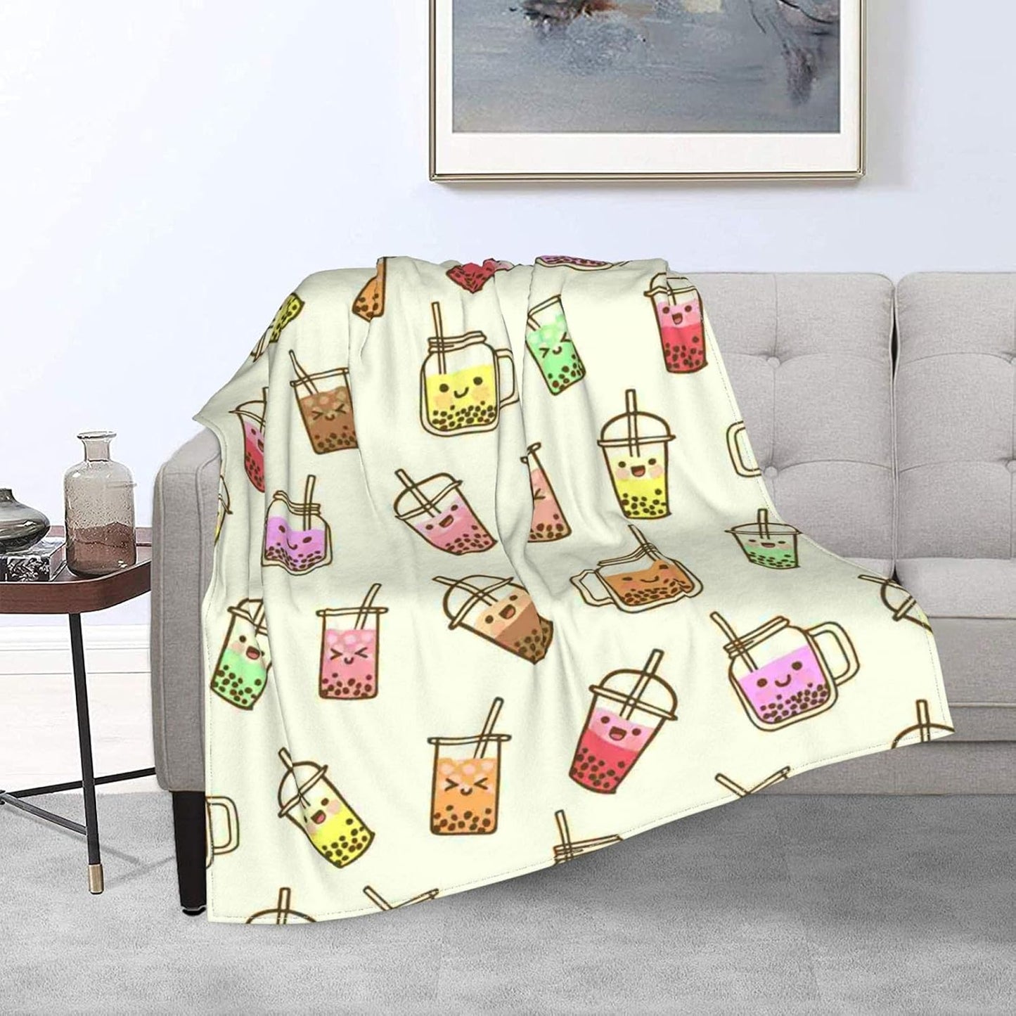 Boba Bubble Tea Blanket Kawaii Smiled Drinks with Tapioca Pearls Throw Blanket for Kids Girls, Ice Milk Tea Cozy Flannel Blanket Soft Lightweight Fluffy Sofa Plush Fleece Blanket 60"x50"