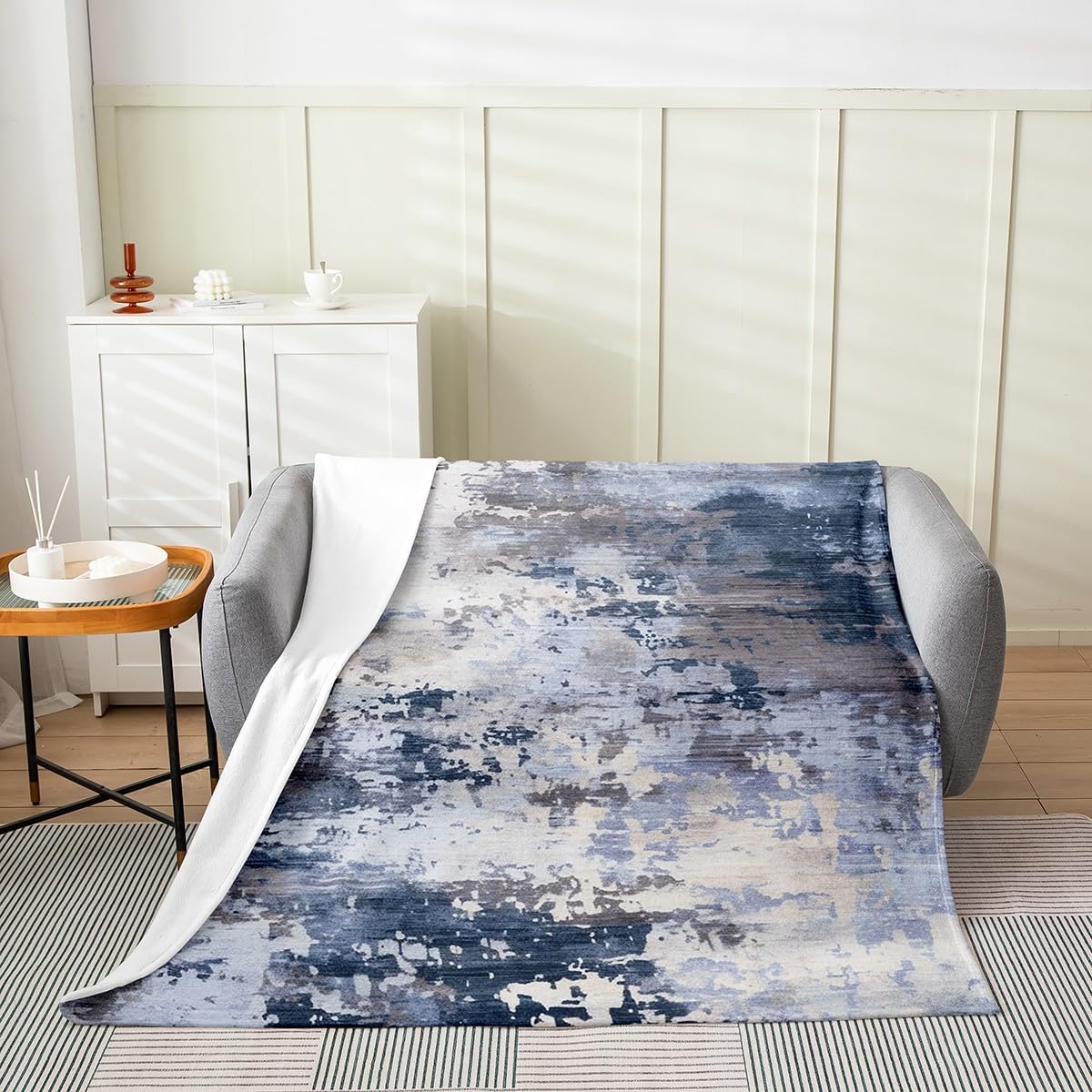 Erosebridal Watercolor Throw Blanket,Modern Abstract Fleece Blanket for Couch Crib Chair,Navy Blue Tie Dye Ombre Flannel Blanket,Contemporary Grunge Aesthetic Bed Blanket (Navy Blue Grey,Throw 50x60)