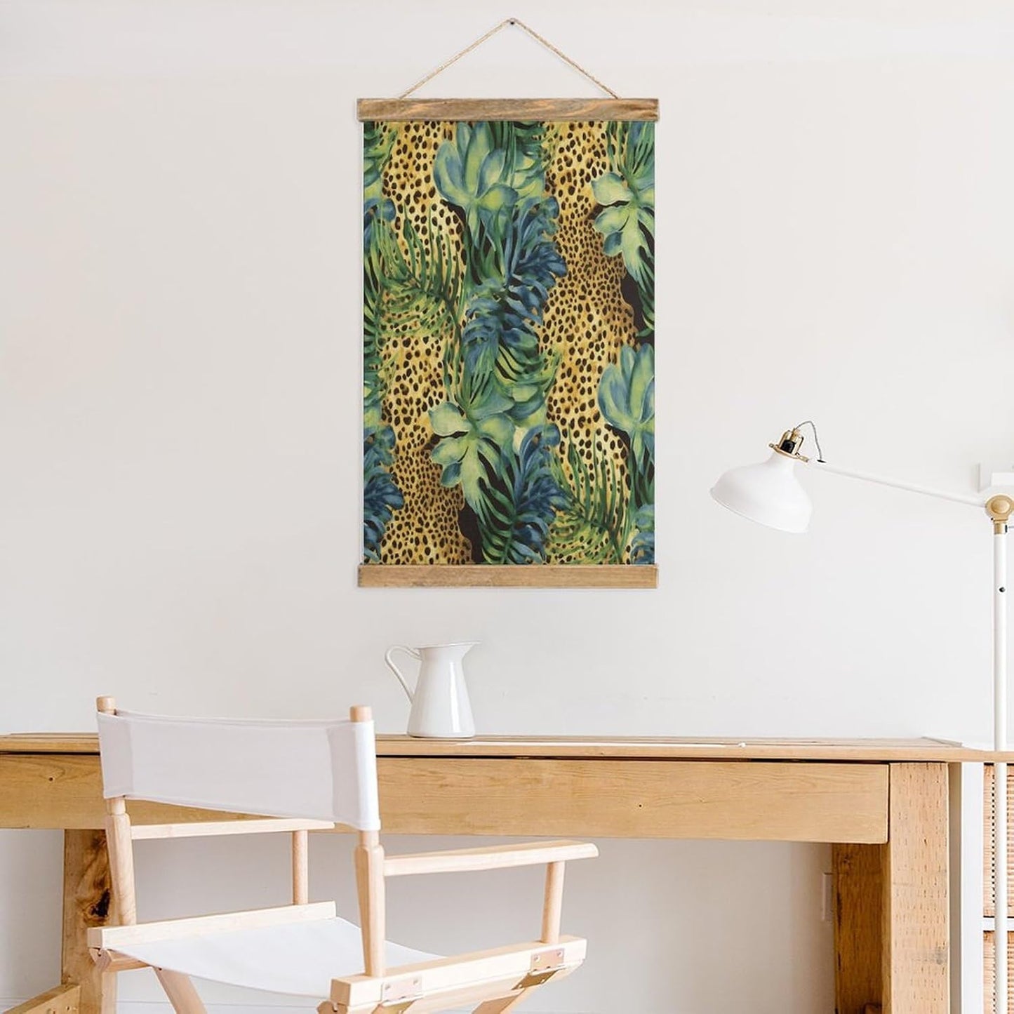 Vintage Print Animal Leopard Print Jungle Poster with Wooden Frame Personalized Linen Hanging Scroll Painting Rustic Wall Hanging Illustrative Modern Artwork Decor for Home Living Room Bedroom Office