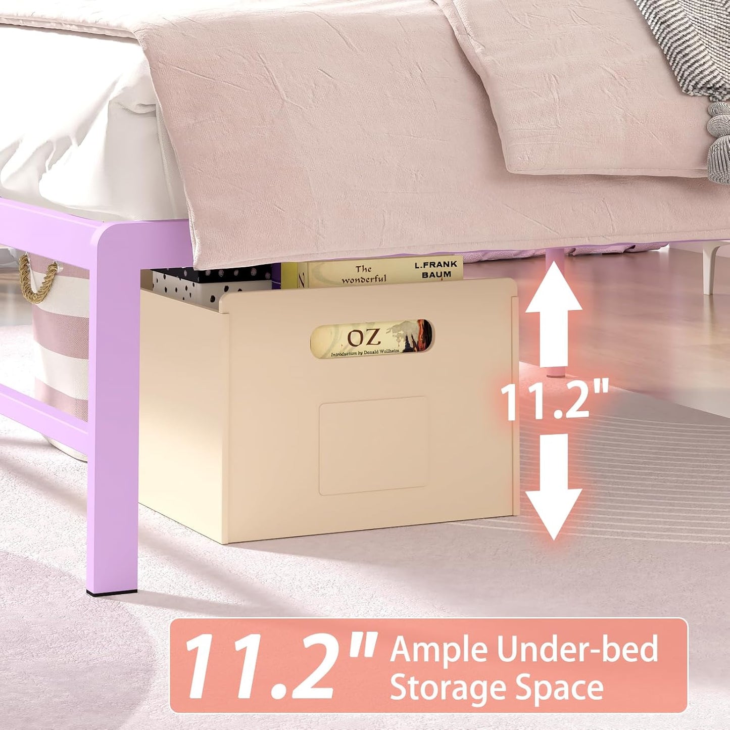 Weehom Twin Bed Frames with 2 Tiers Wood Storage Shelves Headboard, Twin Size Bed with Charger Stations and LED Light Under Bed Storage Space Platform Bed for Kids, Girls and Adults, Purple