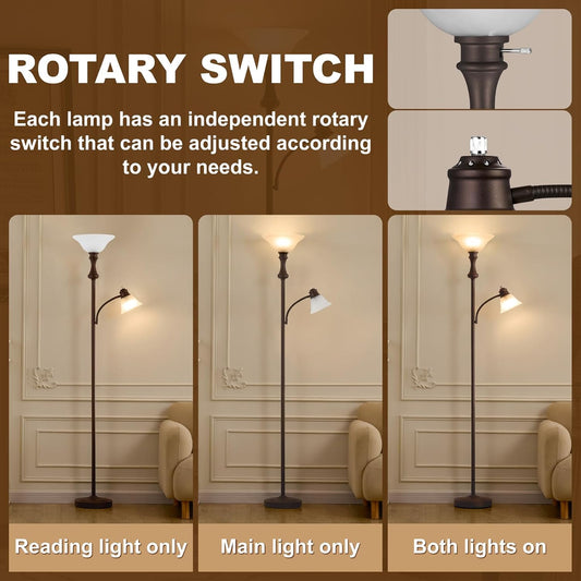 71'' Floor Lamps for Living Room, Tall Floor Lamp for Bedroom with Adjustable Angle Arc Reading lamp, Modern Torchiere Standing lamp with Glass Shade, Knob Switch, Bulb Included, Red Brown