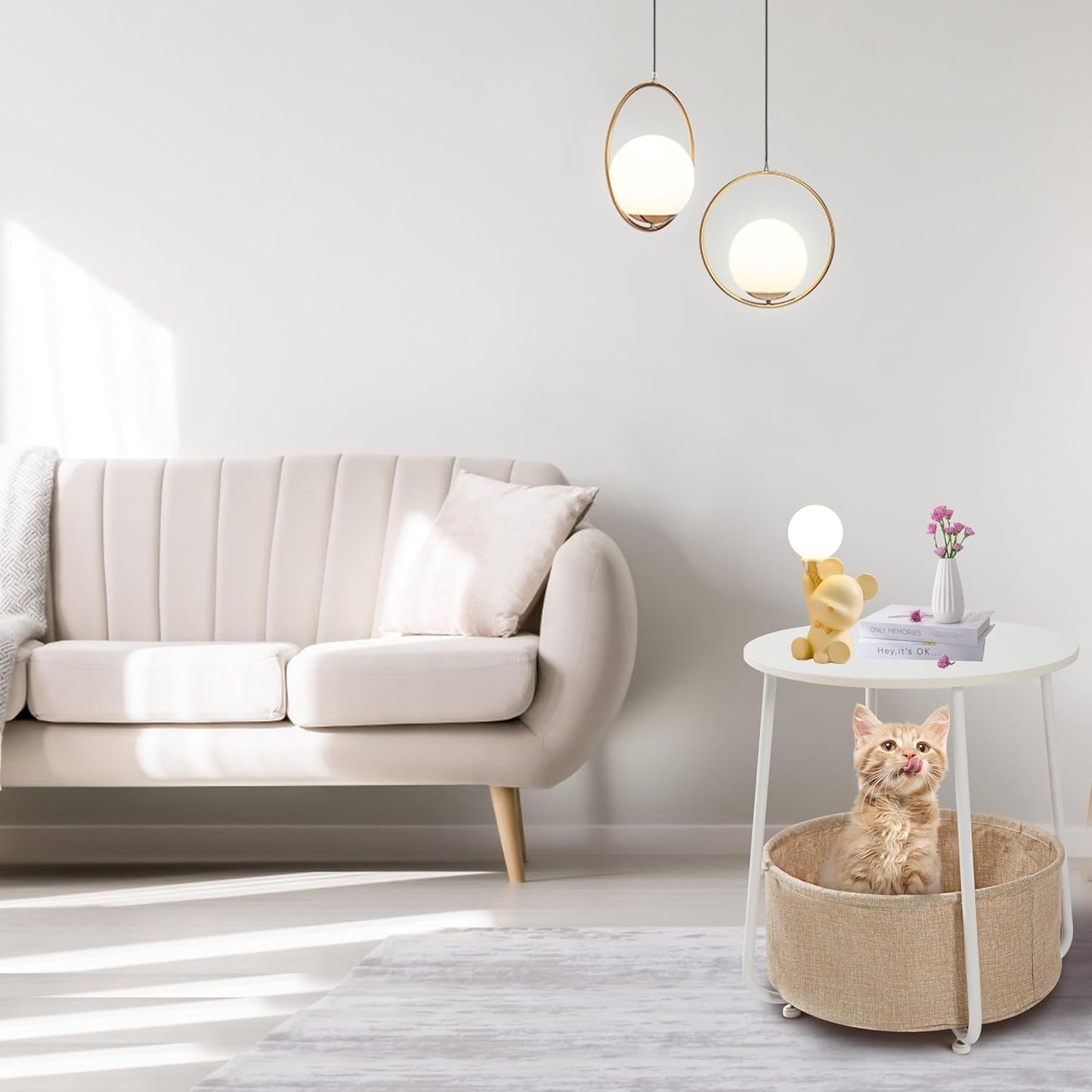 Round Side Table, End Tables for Living Room, Small Bed Side Table, Modern White Night Stand for Bedside, Nursery, Bedroom with Cloth Storage Basket