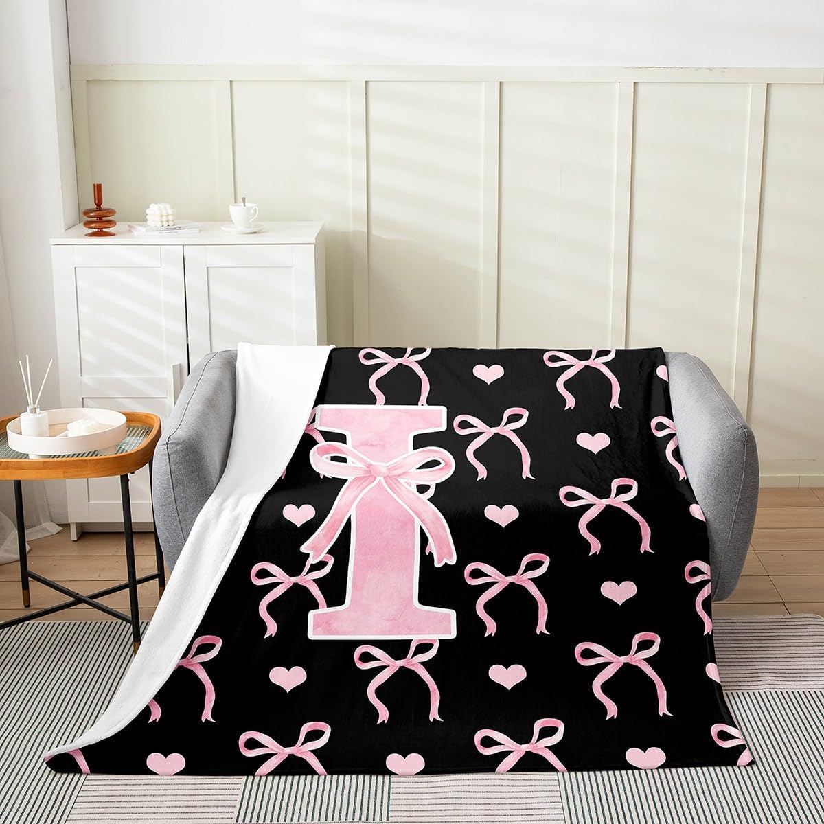 Erosebridal Letter I Throw 50x60 Inch for Girls Teen Women Aesthetic Coquette Bowknot Fleece Blanket Black Pink Cute Love Heart Flannel Blanket Alphabet Sweet Princess Microfiber Fuzzy Plush Throw