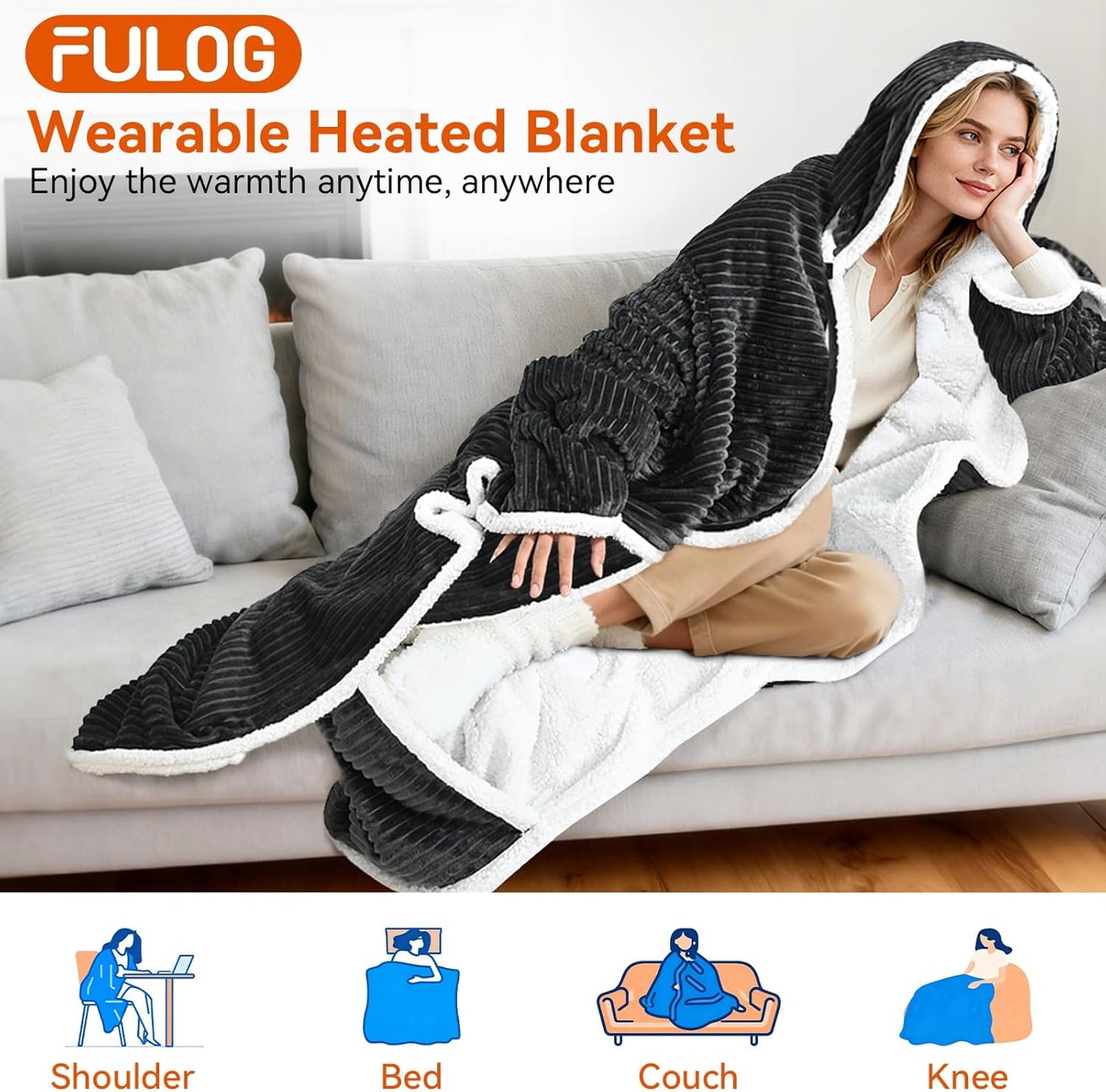 Electric Wearable Blanket with Foot Pocket, Heated Throw Blankets for Women, Snuggle Shawl Wraps with Sleeves