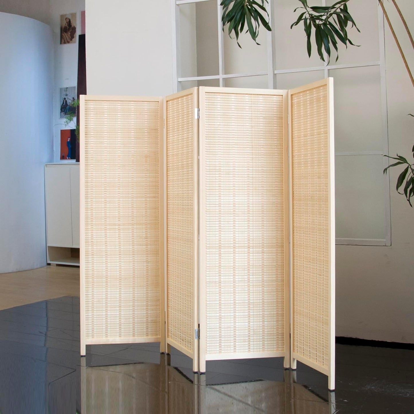 4 Panel Short Room Divider – 3.9 ft Tall Double-Side Folding Privacy Screen, Natural Beige Bamboo Partition Wall for Home Office, Living Room & Corner Spaces