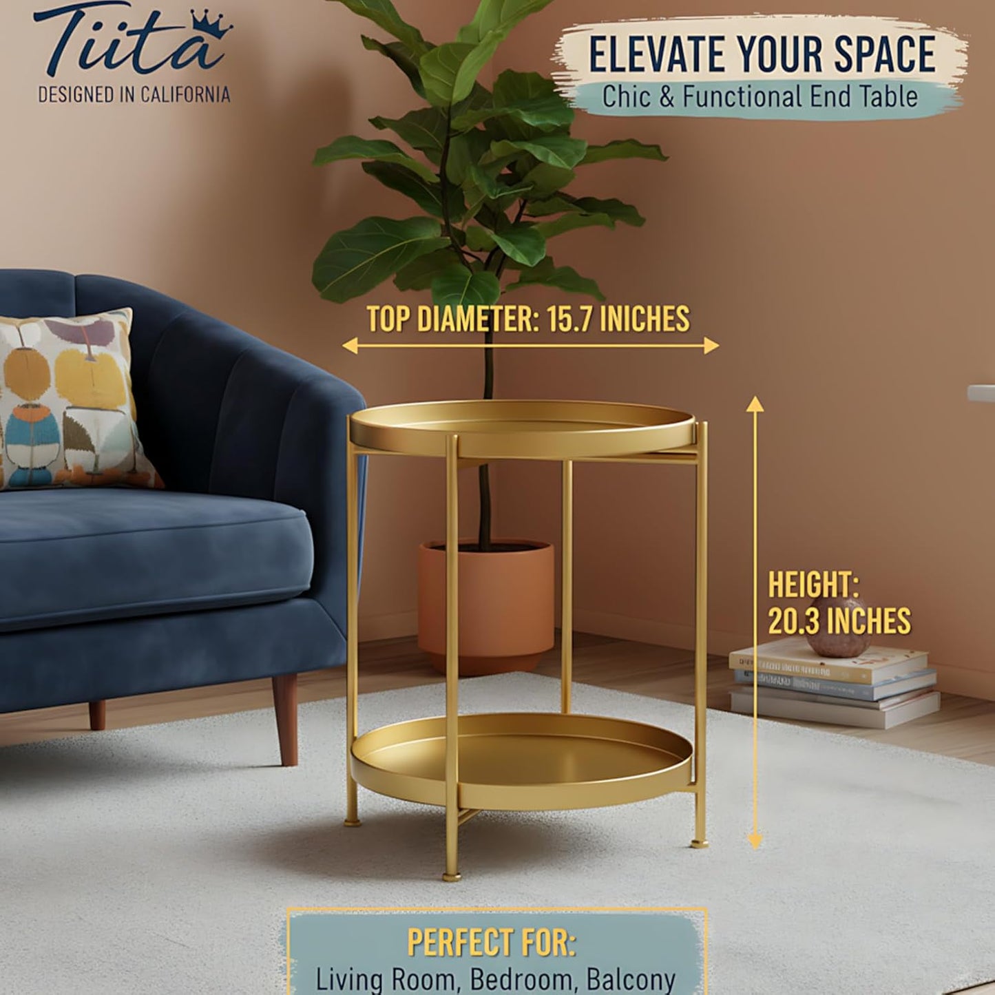 Tiita 2 Pack Round End Table Mental Side Table Nightstand/Small Wood Tables Accent Coffee Table with Wooden Tray for Living Room Bedroom Office Small Space