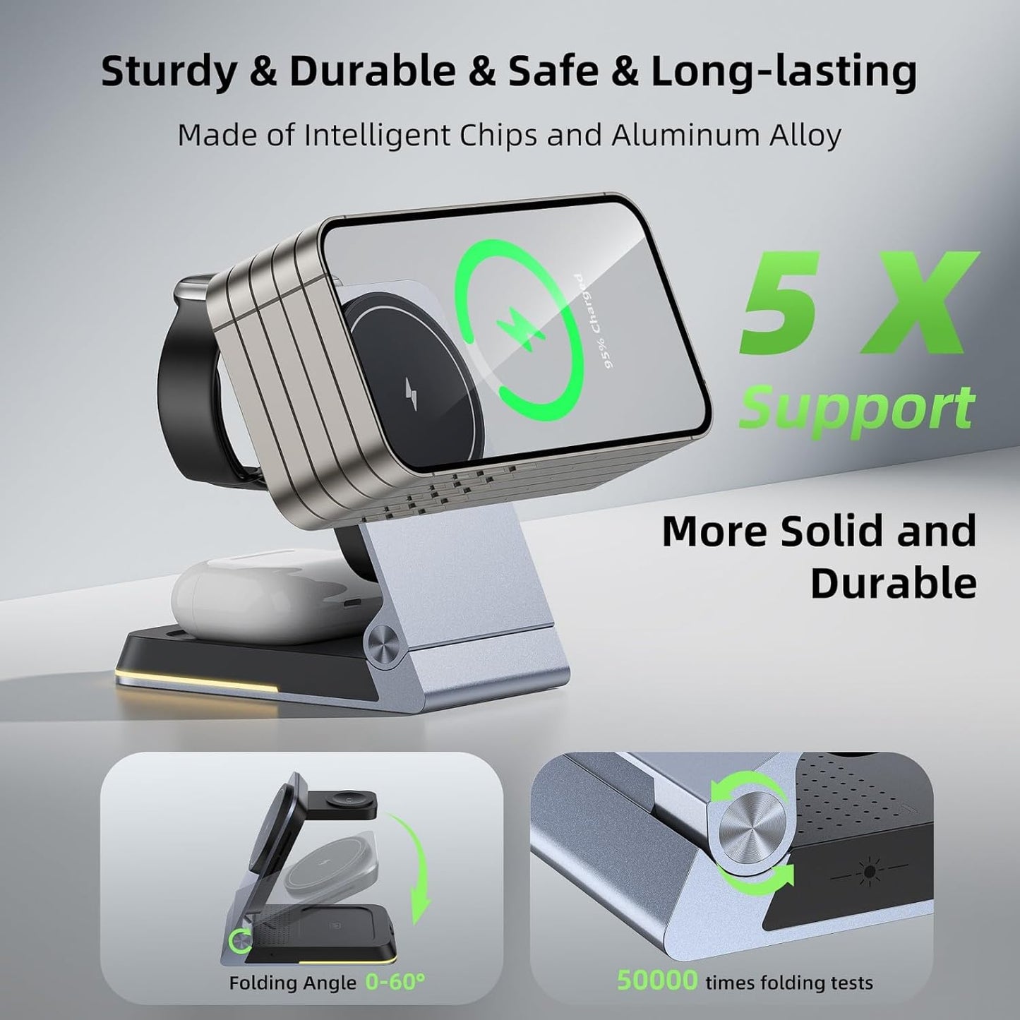 Foldable Wireless Charger 3 in 1 - Magnetic Wireless Charging Station for Apple Magsafe Charger Stand with Light,Aluminum Portable Travel Charger Dock for iPhone 17/16/15/14/13/12,Apple Watch,AirPods