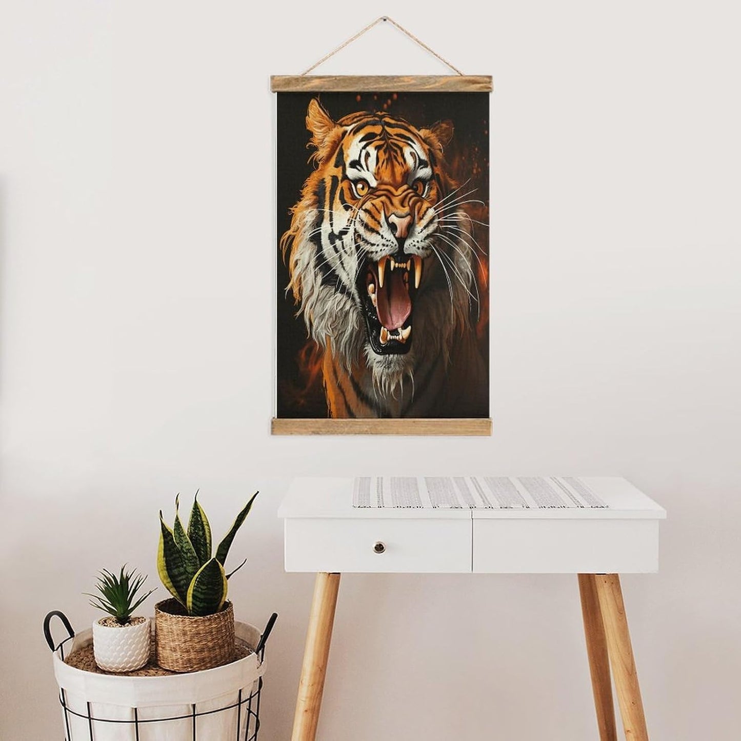 Vintage Roaring Tiger Poster with Wooden Frame Personalized Linen Hanging Scroll Painting Rustic Wall Hanging Illustrative Modern Artwork Decor for Home Living Room Bedroom Office