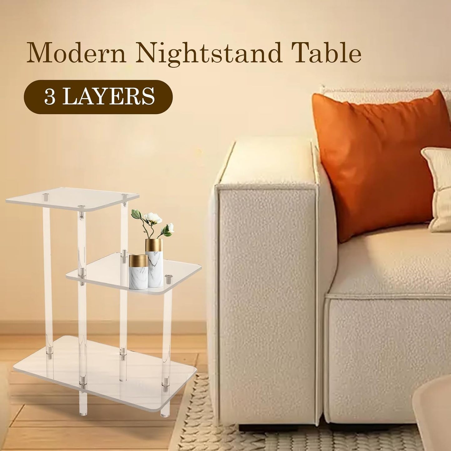 Acrylic Side Table - 3-Tier Small Square Desk, 1 Unit Clear Acrylic Side Table for Laptops, Transparent Tiered Rack with Polished Edge, Home Supply, Bedside Unit for Bedrooms and Living Rooms