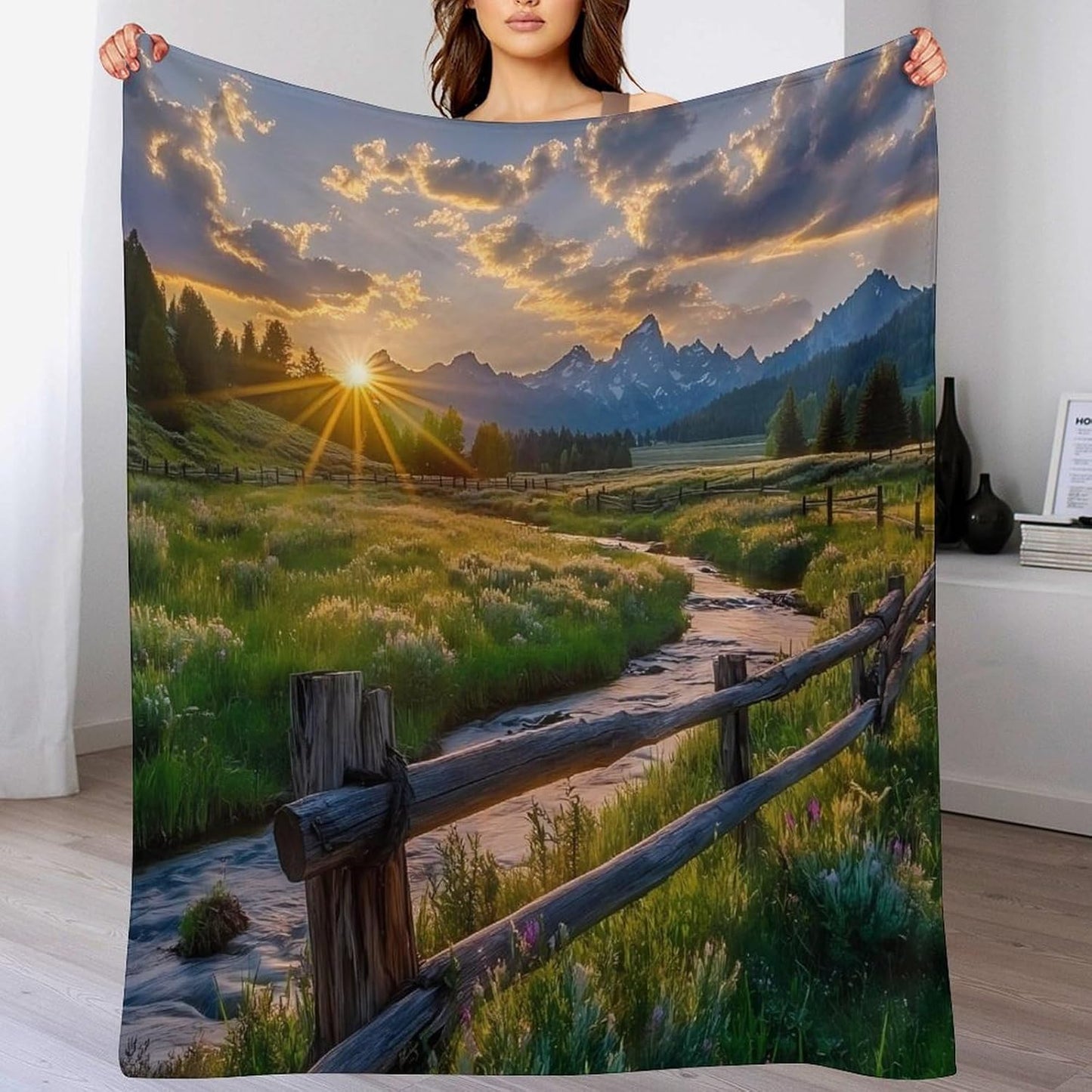 Sunset Grand Teton Landscape Throw Blanket for Couch Bed Plush Cozy Fuzzy Flannel Blanket for All Season 50"x60"