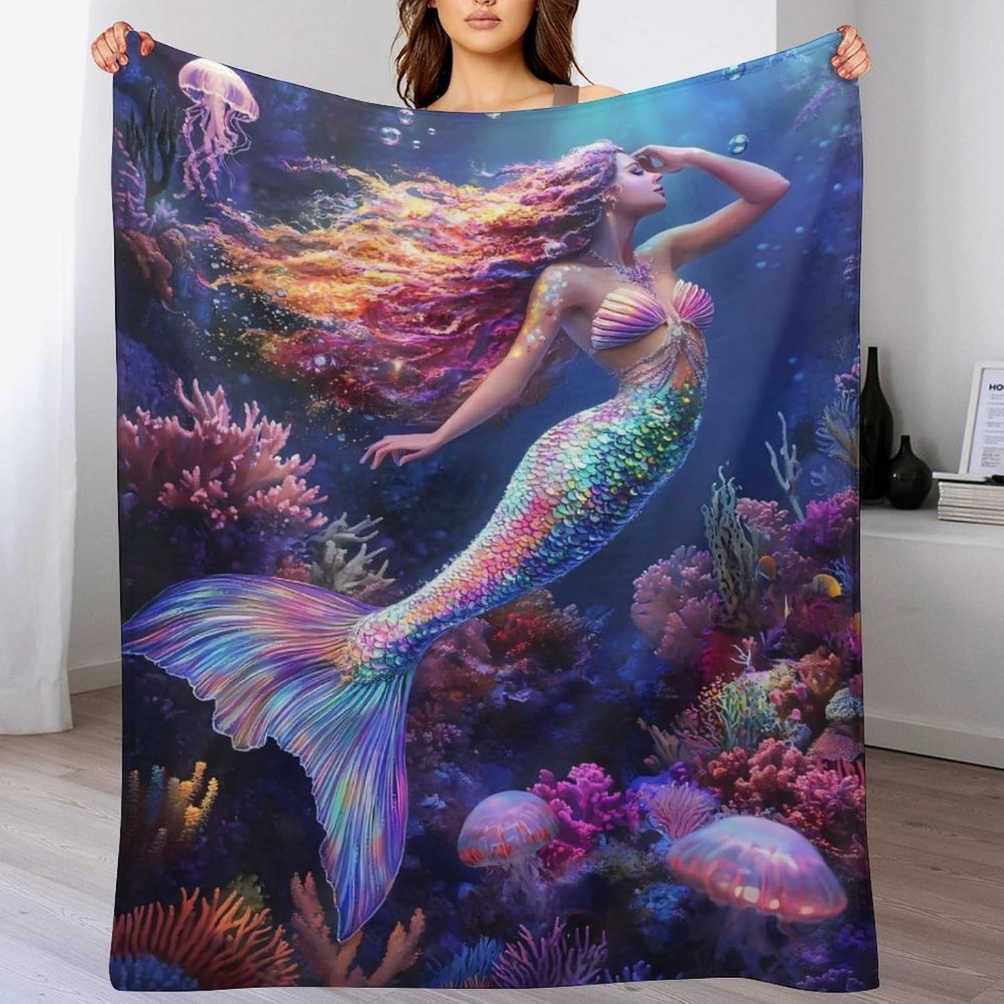 Mermaid Blanket, Ocean Mermaid Gifts Jellyfish Decor Pictures Blankets, Mermaids Throw Blanket for Sofa Couch Bed Living Room Soft Warm Cozy for Adults Kids Men Women 40"x50"