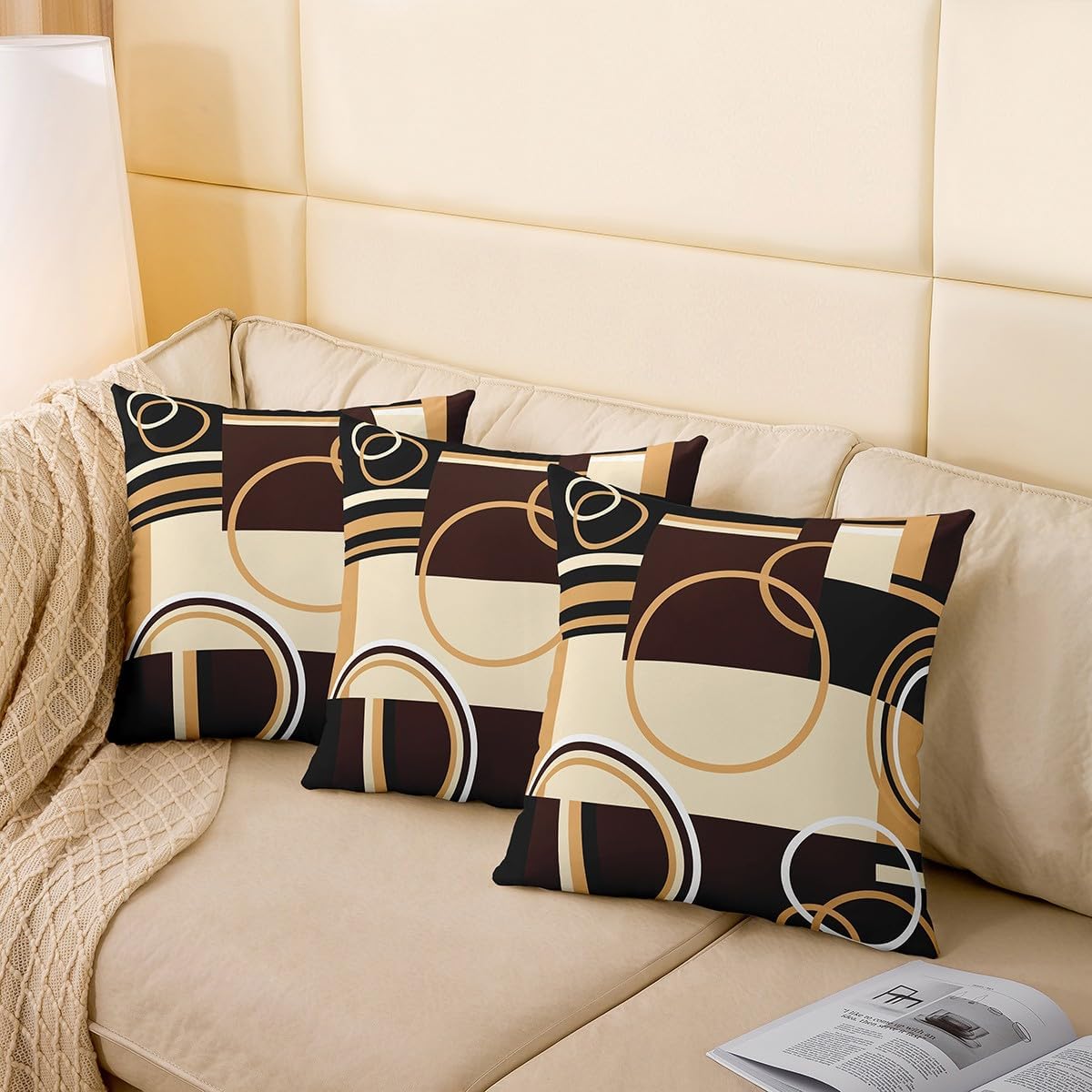 Modern Geometric Throw Pillow Covers 20x20 Set of 4 Brown Black Stripes Cushion Covers For Lumbar Support Bedroom Retro Circle Swirls Pillow Covers Abstract Texture Decorative Accent Pillow Cases