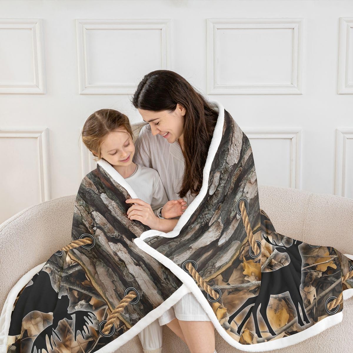 Feelyou Camouflage Sherpa Throw Blanket for Couch Deer Super Soft Cozy Fleece Wild Animal Blanket for Winter, Plush Throw Tree Branch Camo Queen 90"x90" Western Farmhouse All Season