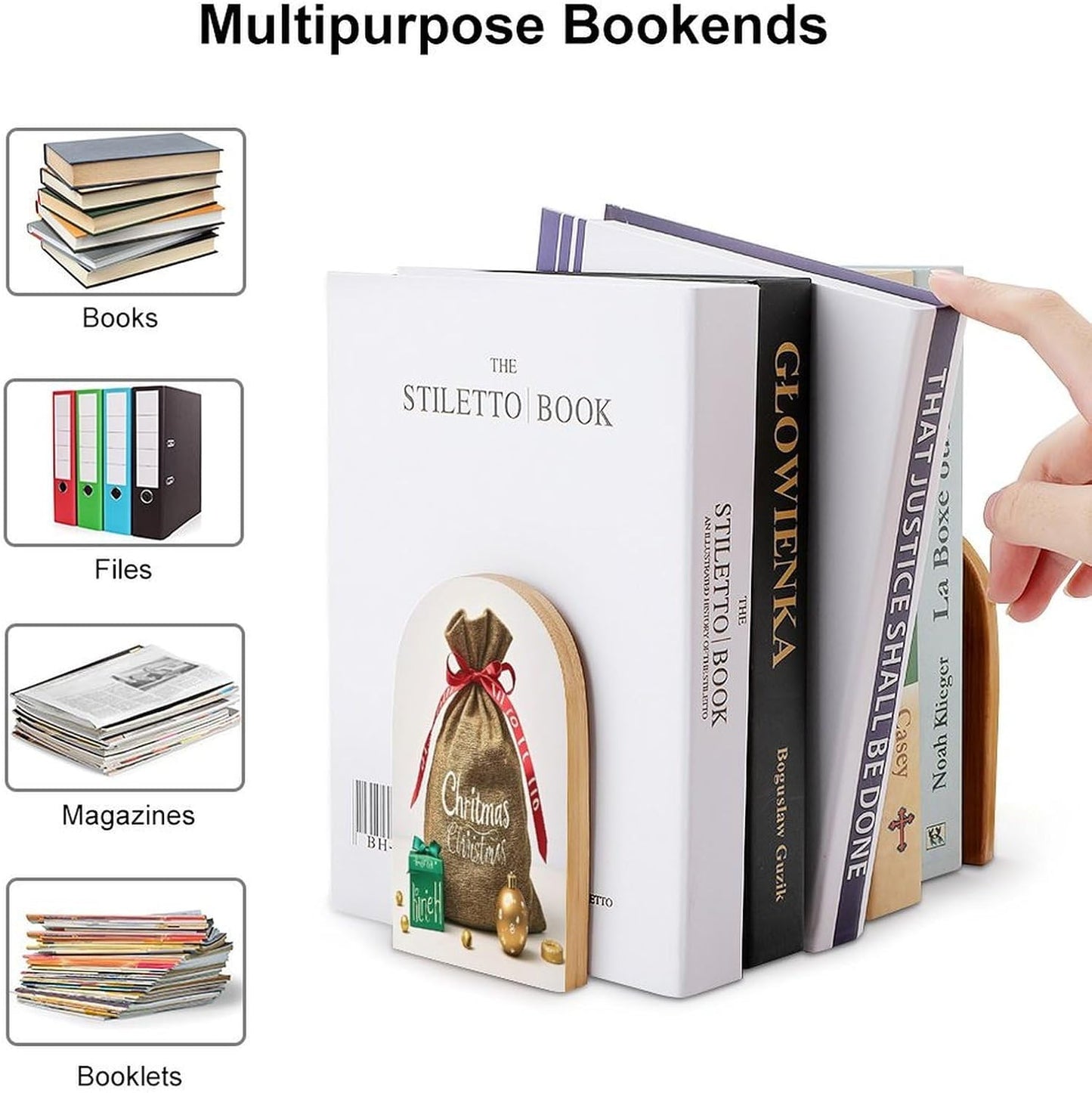 Christmas Sack Present Bookends 1 Pair Heavy Duty Book Ends for Shelves Non-Skid Bookend Supports Wooden Book Holders with Metal Base Desk Organizers Books Storage to Hold Books