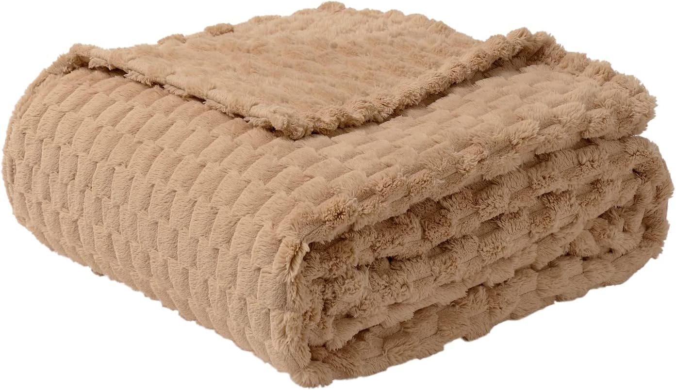 FY FIBER HOUSE Fleece Blanket Queen Size for Bed 300GSM Super Soft Plush Fuzzy Blankets and Throws for Sofa Couch Office, 90x90 Inches, Camel