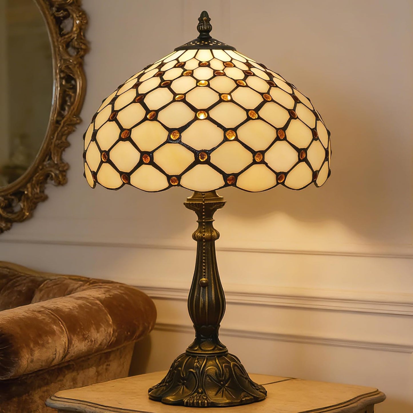 Tiffany Lamp Stained Glass Table Lamp Antique Bedside Reading Light W12H19 Inches (Cream Amber Pearl)
