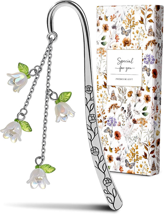 Buleens Bookmarks for Women Reading - Book Marks for Readers Book Lovers, Cute Sliver Lily Floral Personalized Metal Bookmark with Pendants, Pretty and Aesthetic Book Accessories Reading Gifts