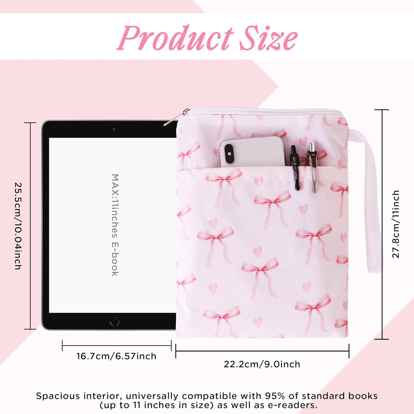 Book Sleeve with Zipper, 11''x 9'' Waterproof Paperback Sleeve for Book Lovers Books Pouch Cover with Handle for Hardcovers Kindle Sleeve for Reader Teacher Women (Light pink bow tie, 11x 9 inch)