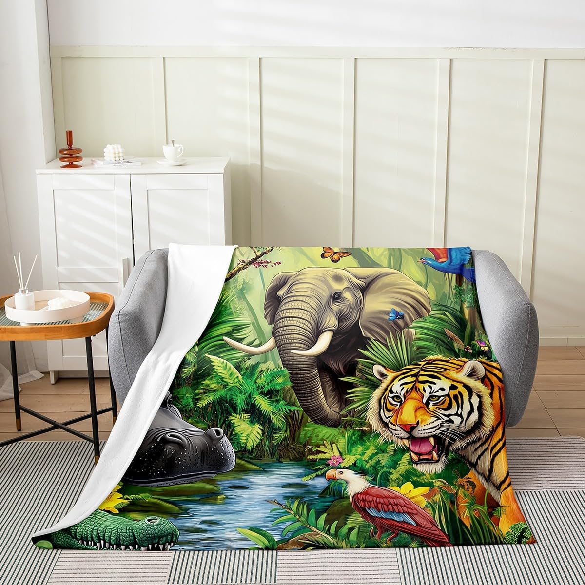 Jungle Animals Blanket Twin 60x80,Crocodile Hippo Elephant Tiger Throw Blanket for Kids Boys Girls,African Safari Animal Printed Fleece Blanket,Cartoon Zoo Theme Flannel Blanket Bedroom Decor