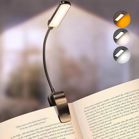 Glocusent 13 LEDs Book Light for Reading at Night, 120 Hrs Runtime Rechargeable Reading Light, Eye Caring 3 Colors & 5 Stepless Dimming Brightness 3–60LM, Book Light Clip On for Book Lovers Kids