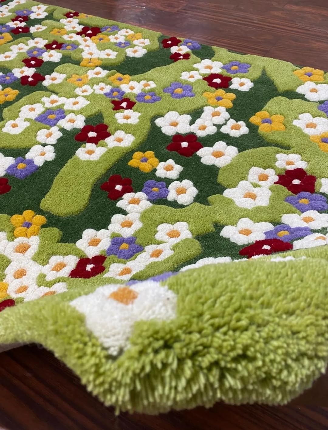 Floral Tufted Area Rug, Green Meadow Flower Pattern, Multicolor Daisy Design, Boho Style (10' x 12' Feet)