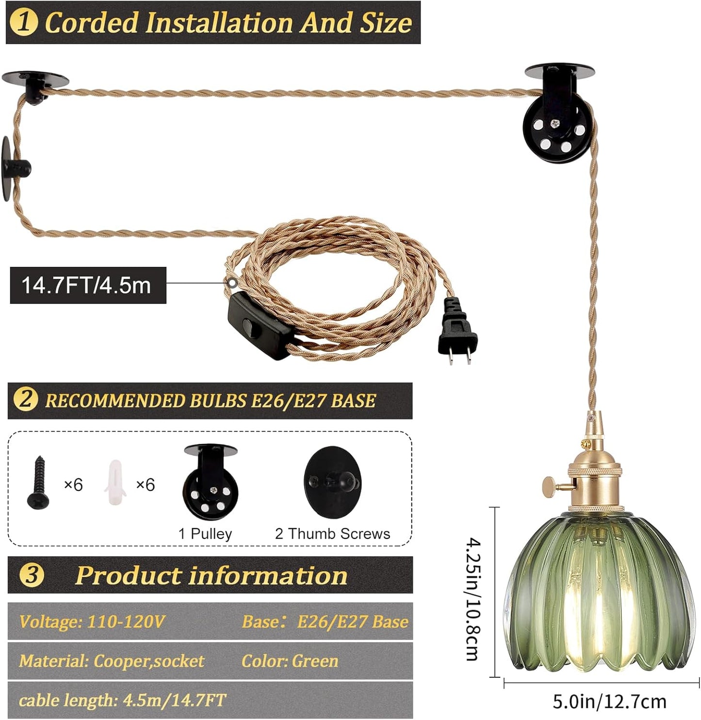 Plug in Pendant Light Hanging Light Fixture Corded On/Off Switch Brass Pendant Light with Green Tulip Glass Lampshade for Bedroom Living Room Kitchen Island