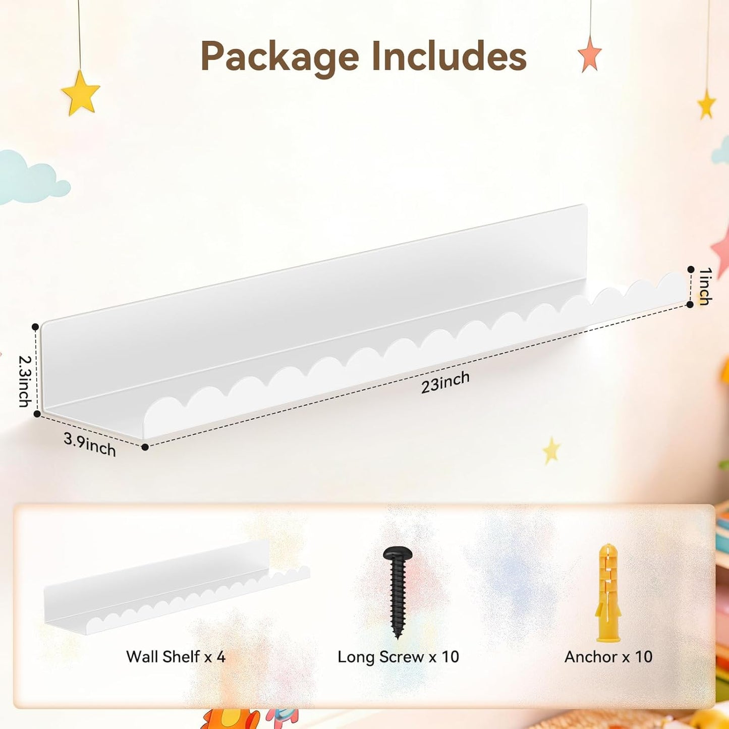 Floating Shelves for Wall, 23 Inch Metal Nursery Book Shelves 4 Pack, Wall Mounted Book Shelf for Kids Room, Bedroom, Bathroom, Playroom Decor （White）