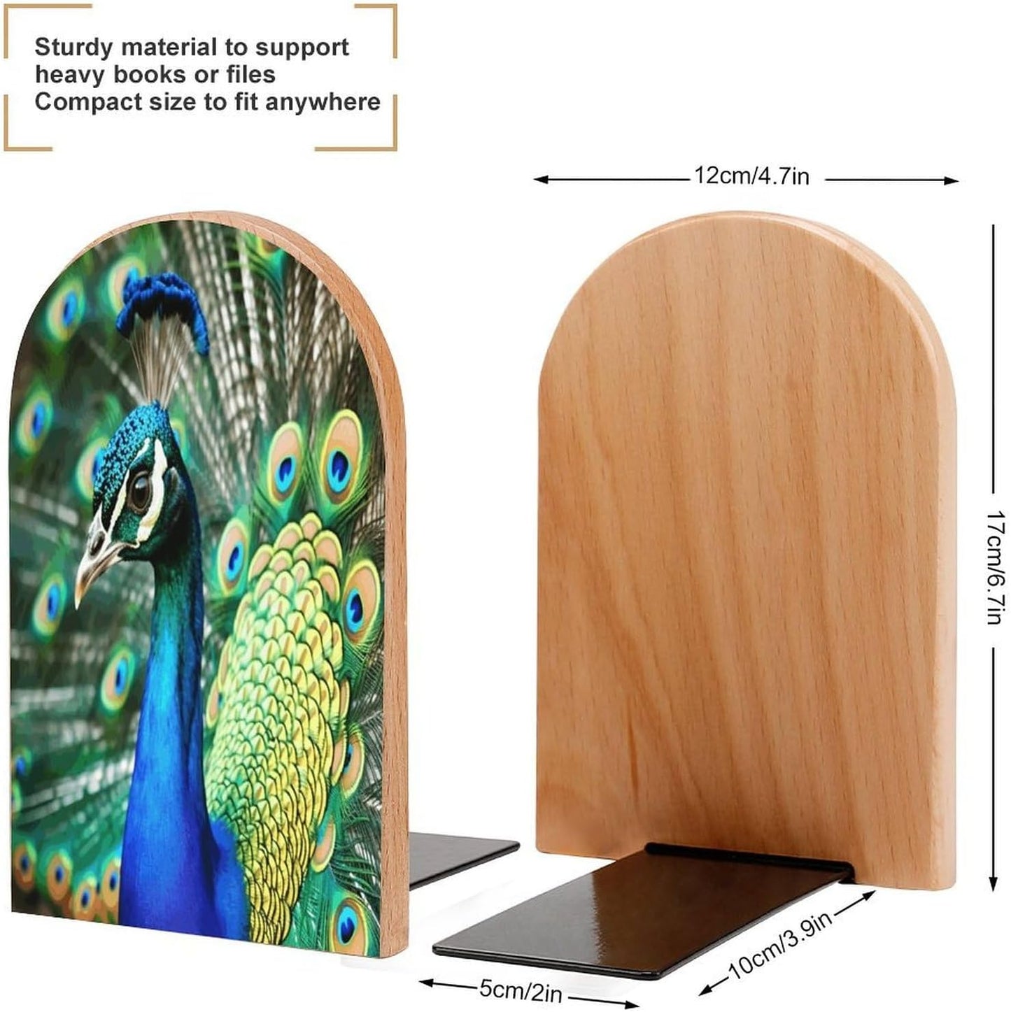 Beautiful Peacock Bookend for Shelves Wooden Book End Large Size Sturdy Book Holders Stoppers with Metal Base for Bookshelves Slick Decorative Bookends Stands