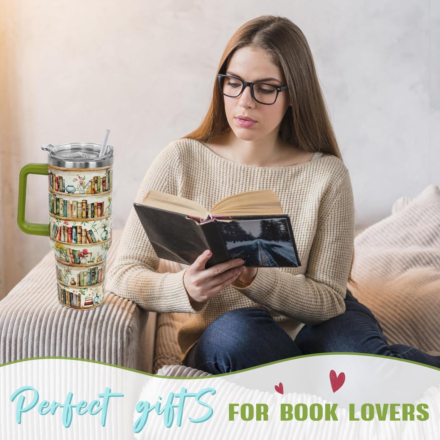 Book Lovers Gifts 40oz Retro Bookshelf Tumbler with Handle and Straw Watercolor Flowers Bookworm Coffee Travel Mugs Insulated Cup Gifts for Women Readers,Reading,Bookish,Librarian,Books Accessories