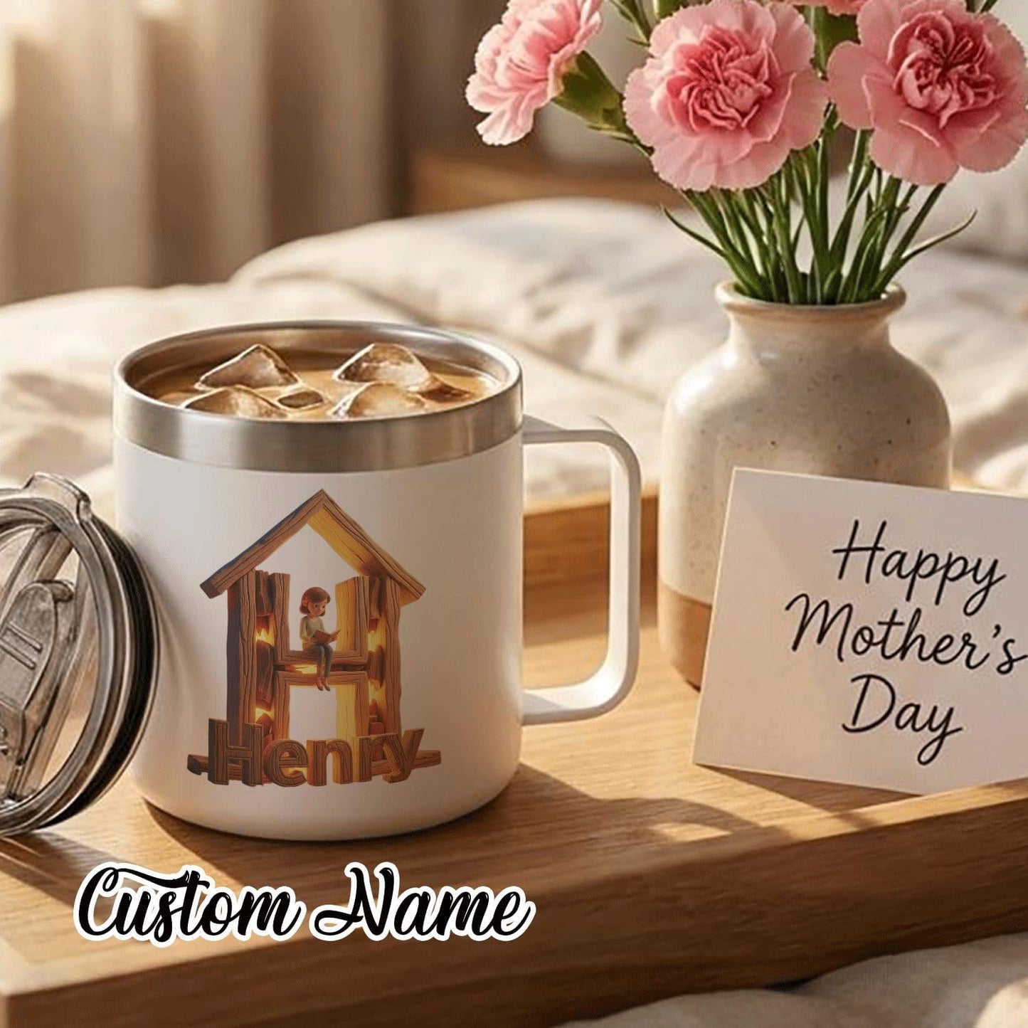 Personalized Book Lover Mug with Custom Name Initial H - 14oz Insulated Stainless Steel Coffee Cup with Handle and Lid - Cozy Reading Nook Design Gift for Readers, Bookworms