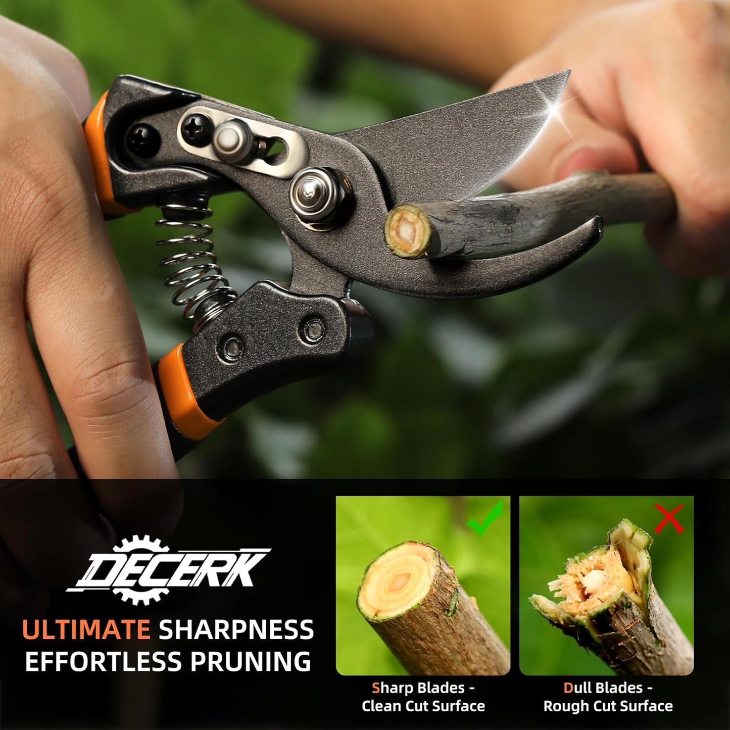 DECERK® 8.5" Professional Pruning Shears - Cuts 4X Easier with Ultra Sharp Japanese Steel Titanium Blade, Arthritis Friendly Garden Scissors & Plant Clippers, Effortlessly Prunes 3/4" Branches