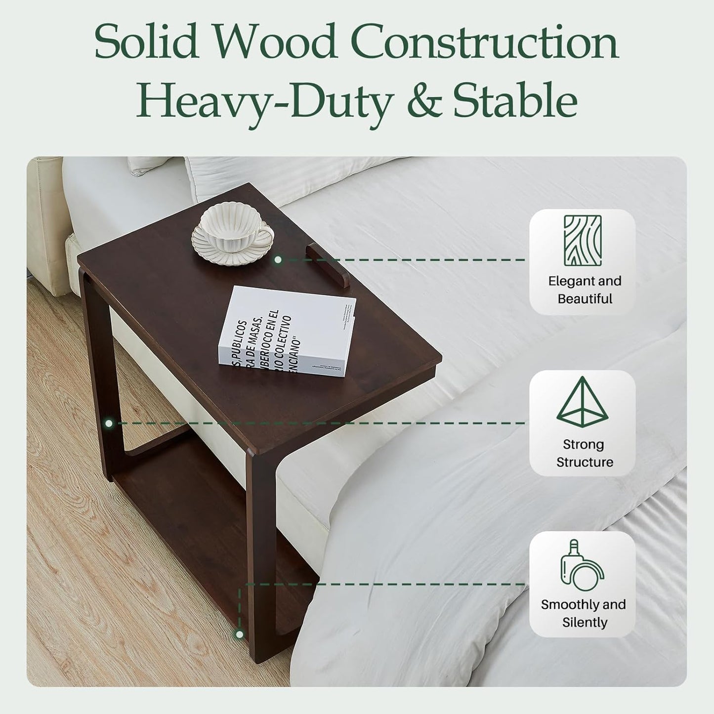 C Shaped End Table with Wheels - Solid Wood Rolling C Shape Small Side Table for Couch, Wooden Tv Tray Bedside Tables for Sofa Living Room Bedroom, Brown, 15.4 in x 23.6 in x 24.8 in
