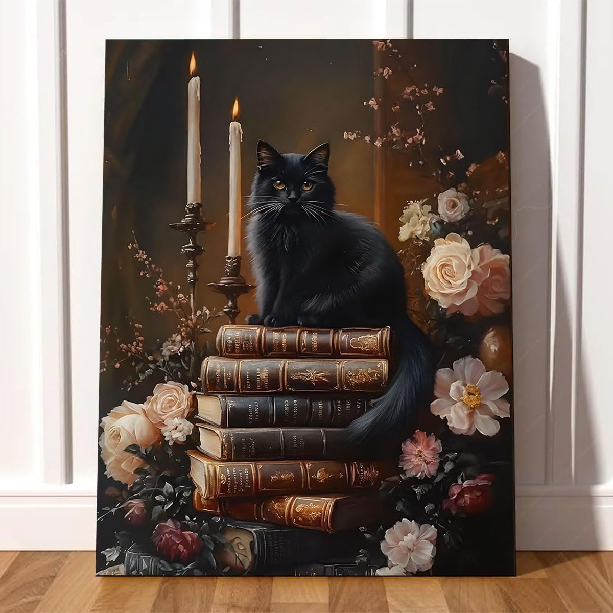 Framed Dark Academia Moody Wall Art Victorian Black Cat Wildflower Book Floral Wall Decor Picture Painting Artwork Vintage Black Cat Books Wall Art Gothic Vintage Antique Aesthetics Poster Print for Home Decoration (A, 8x12inch(20x30cm), Framed)