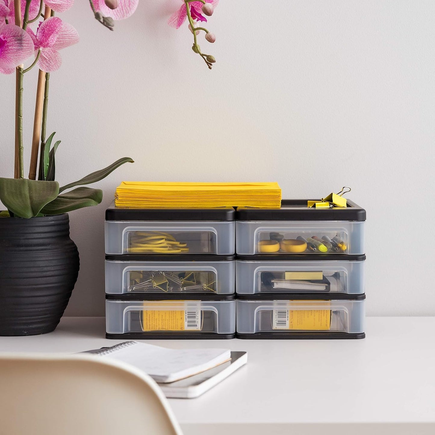 IRIS USA Small 3-Drawer Desktop Organizer, 4 Pack, Stackable, for Office, School, Stationary, Makeup Organizer, Bathroom, Utility, Medical Supplies, Desk Organizer, Versatile Storage, Black