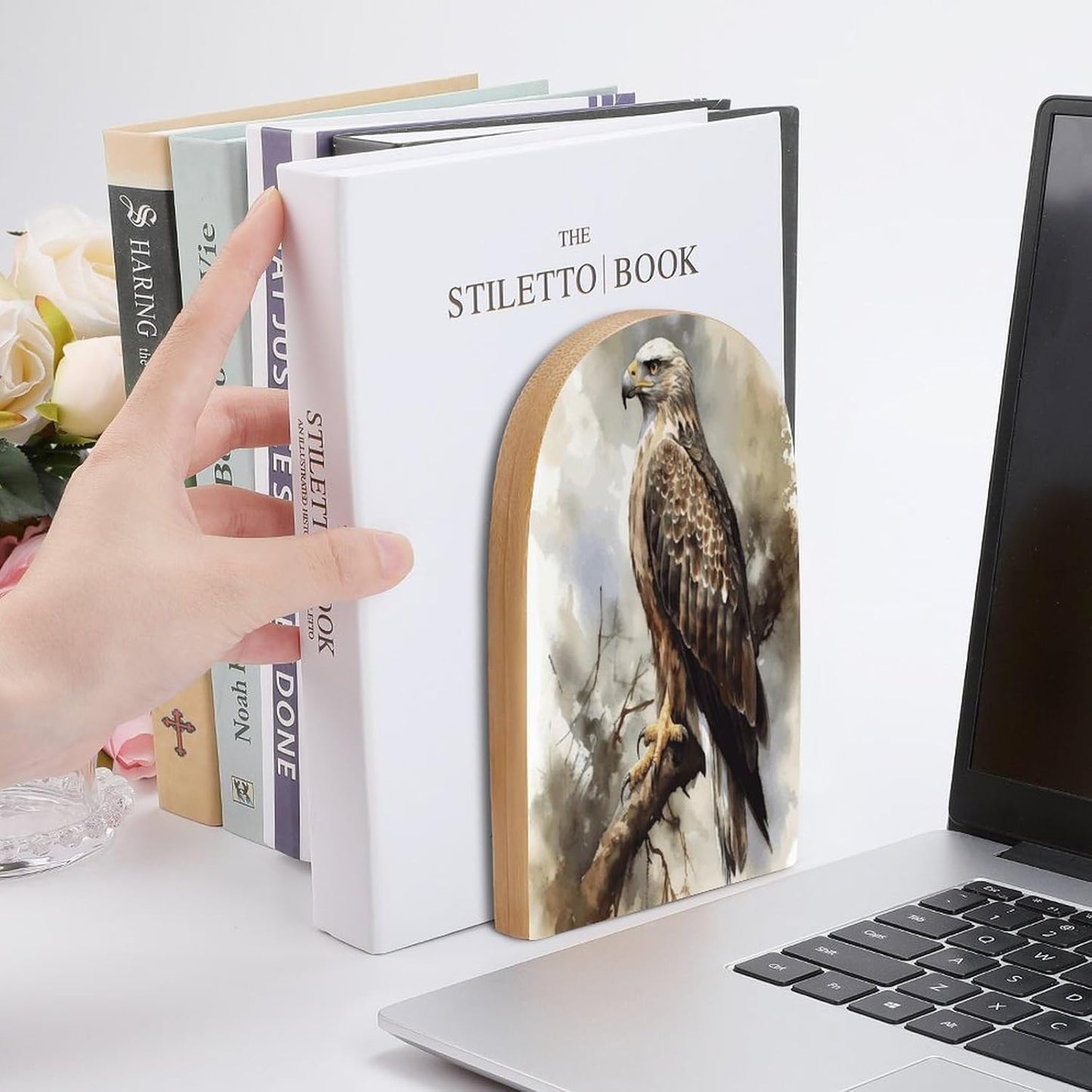Watercolor of Hawk Sitting in The Tree Bookend for Shelves Wooden Book End Large Size Sturdy Book Holders Stoppers with Metal Base for Bookshelves Slick Decorative Bookends Stands
