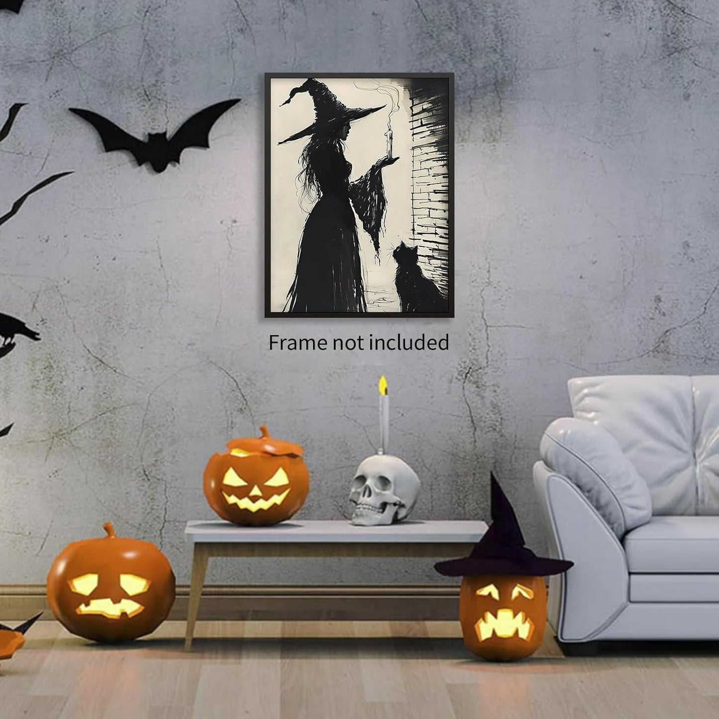 Halloween Canvas Wall Art Witch and Black Cat Posters Gothic Candle Haunted Witchcore Pictures Vintage Ink Style Prints for Dark Academia Halloween Party House Decor 12x16inch Unframed