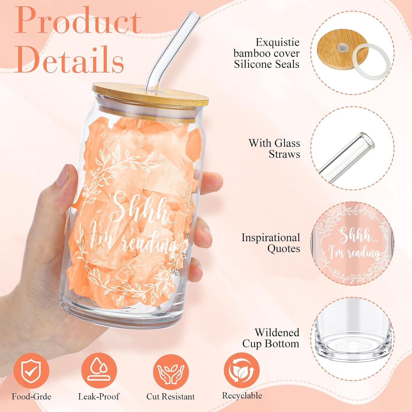 8 PCS Book Lover Gifts 16 oz Glass Cup with Bamboo Lid Straw Reading List Bookmark Sticky Pastel Highlighters Notes Pens for Bookish School Librarian Bookworm Teacher Women(Orange Red)