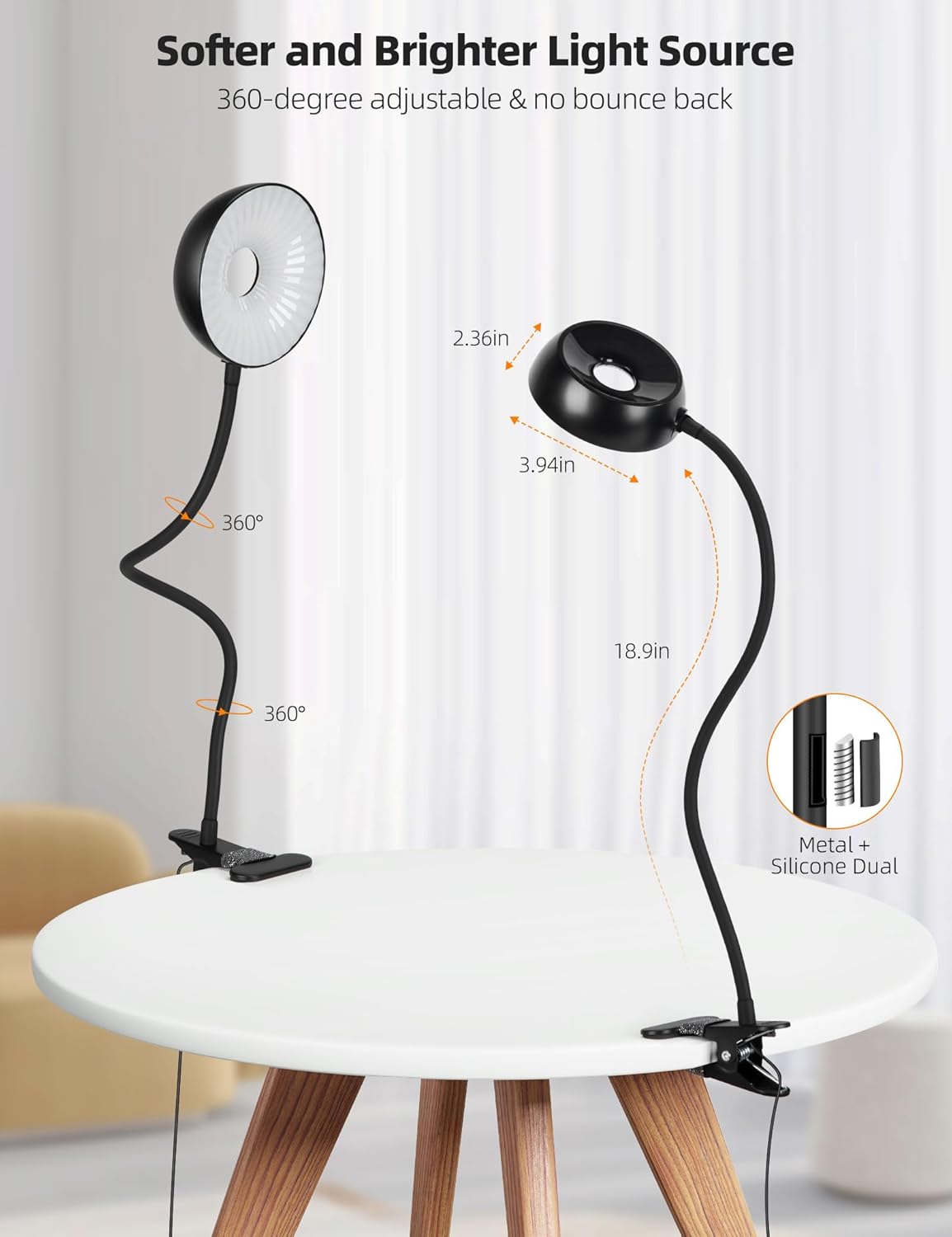 Clip on Desk Lamp 10-Level Dimming & 5 Color Modes Reading Book Light, Flexible Gooseneck Reading Light for Beds, Desks, Headboards - Eye-Friendly Night Light Clip on Light for Bed Bedside (Black)
