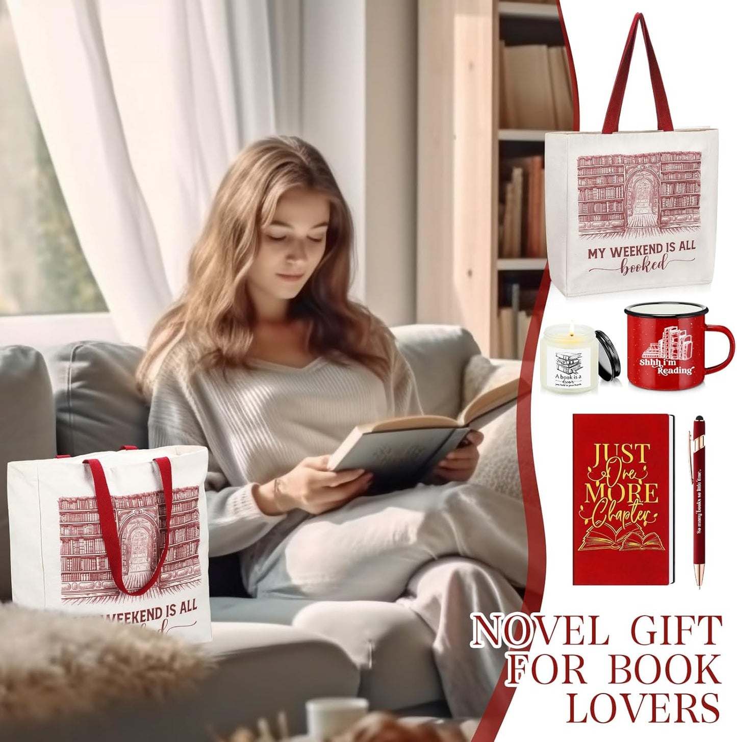 Jetec Set of 5 Book Lovers Gifts for Reader Include Canvas Tote Bag Journal Notebook with Ballpoint Pen Enamel Mug Scented Candle for Teens Librarian Bookish Author(Red)
