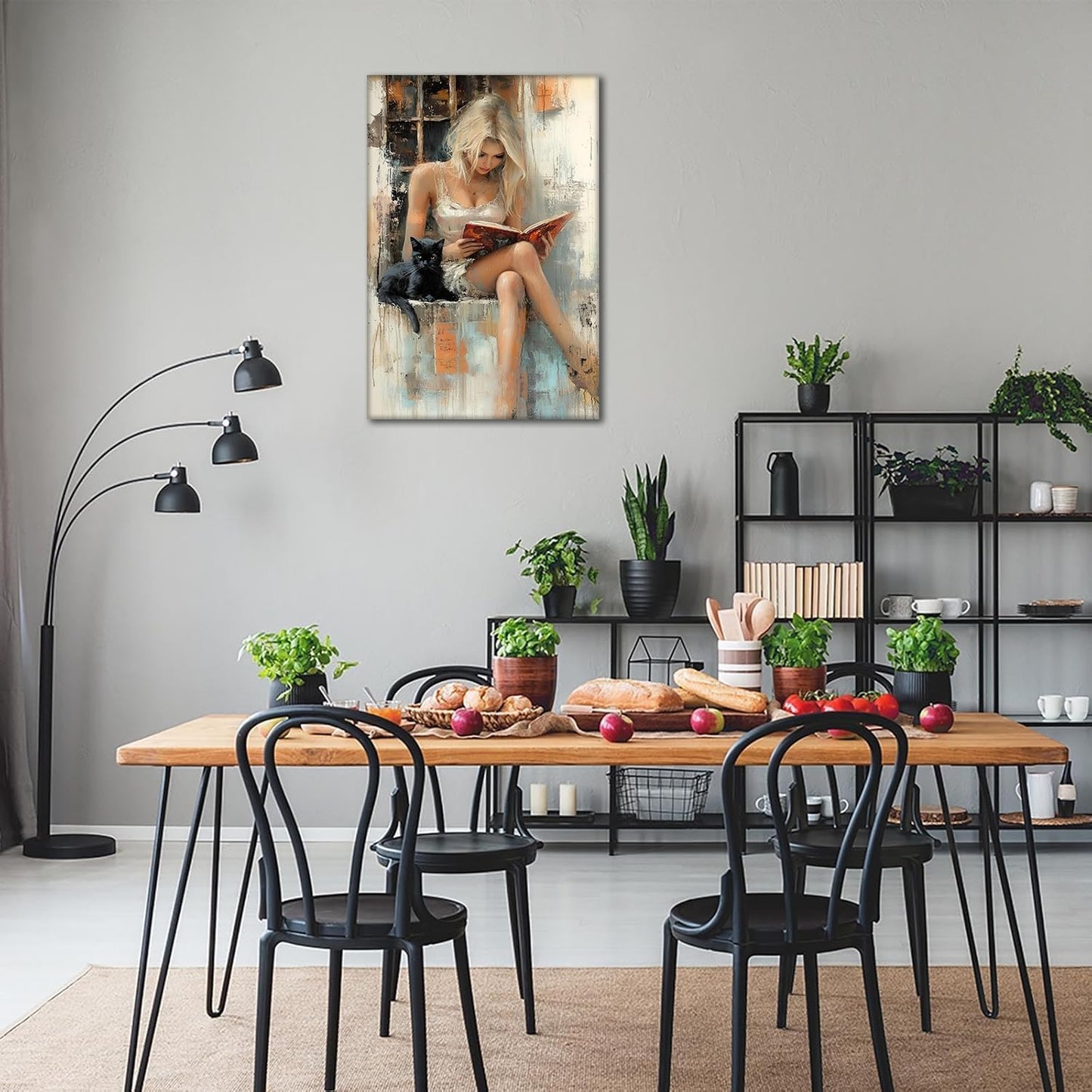 Woman Reading Book Canvas Wall Art Academia Aesthetic Painting Wall Decor Pictures Modern Girl Painting with Black Cat posters Prints for Home Living Room Bedroom Office Decor Ready-to-Hang(16inx12In)