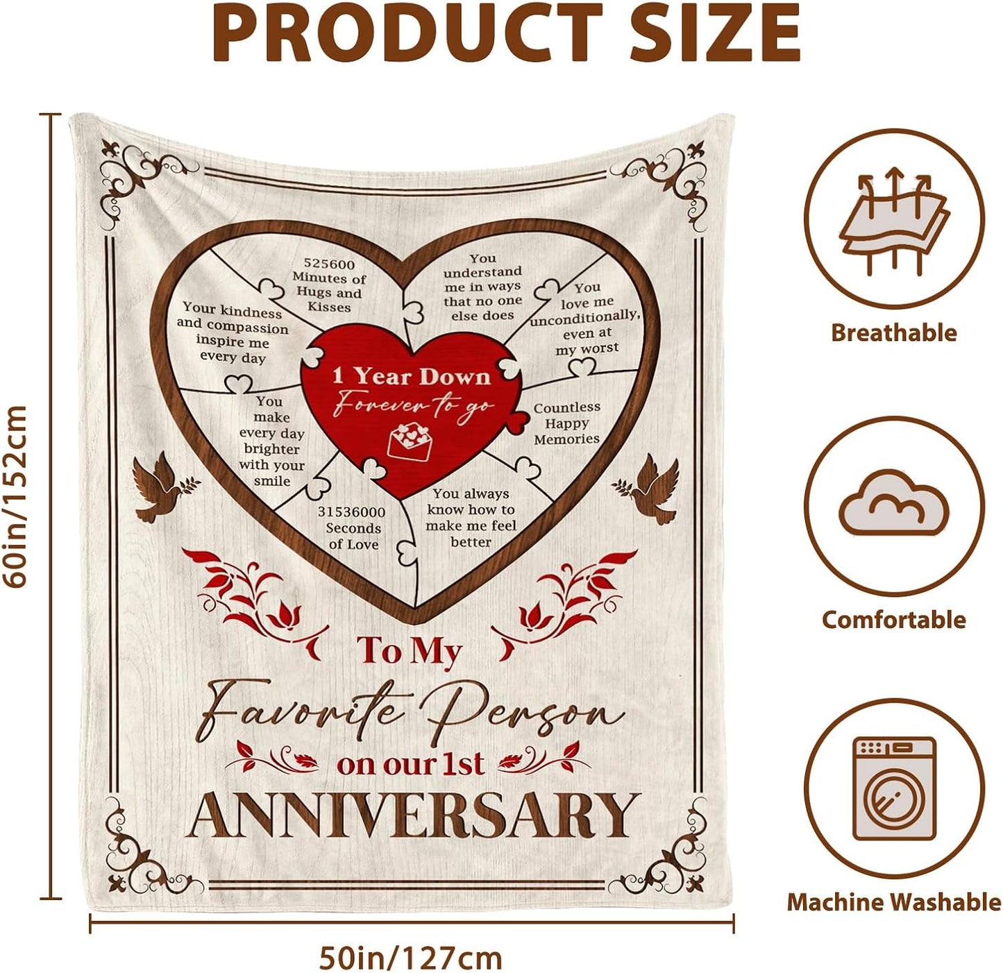 1 Year Anniversary Blanket Gifts - One Year Wedding Anniversary Marriage Gifts for Him Her, 1st Wedding Gift for Husband Wife, Happy 1 Year Anniversary Paper Gifts for Couple Boyfriend, 60"x50"