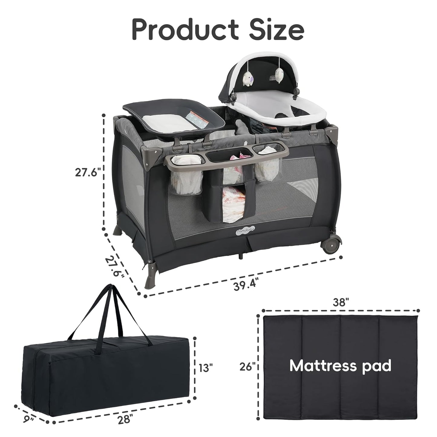 Pamo Babe Pack and Play 4 in 1 Playard Portable Playard Foldable Playpen for Baby and Toddler Portable Crib Mattress Diaper Changer for Newborn (Grey)