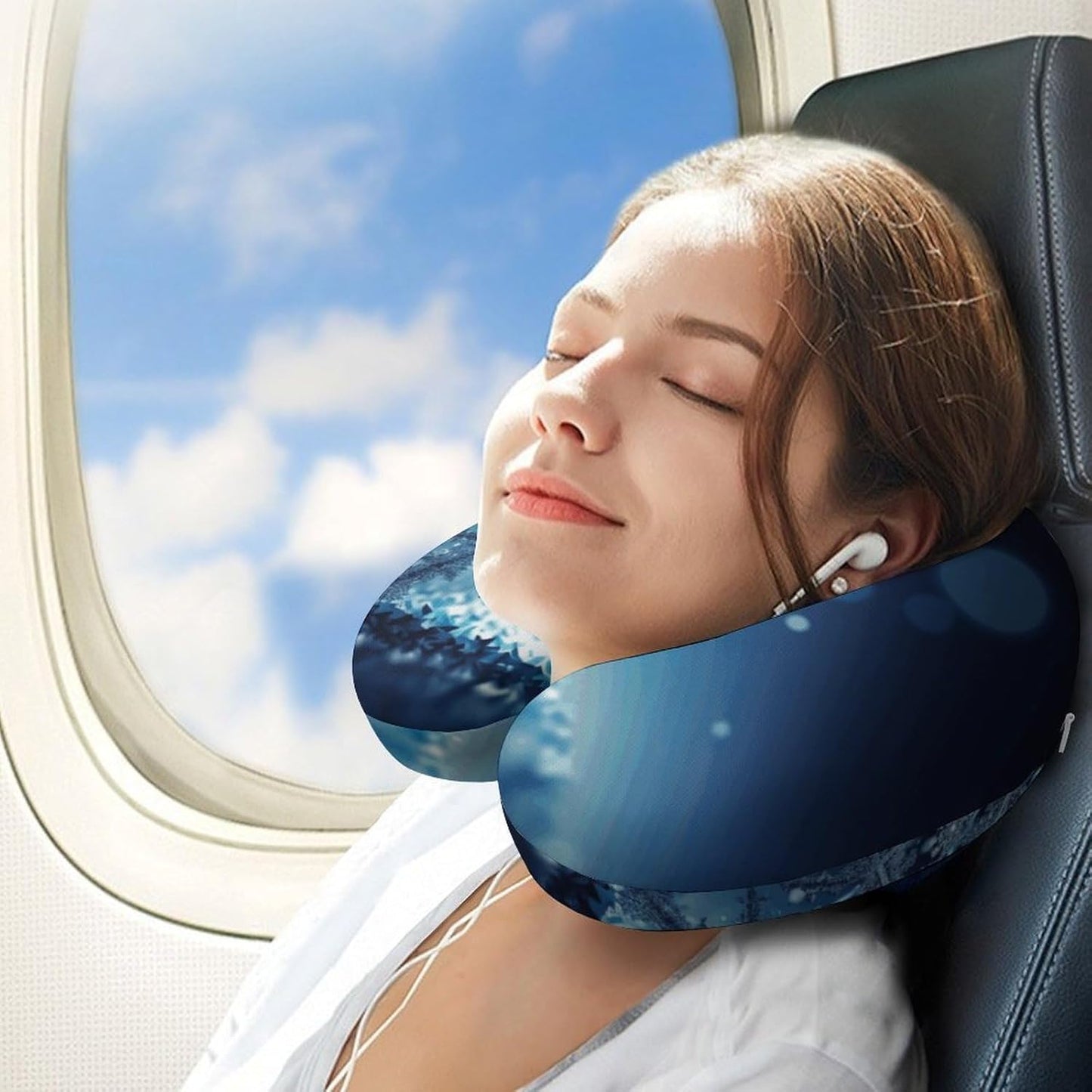 Blue Christmas Snowflake Neck Pillow Memory Foam U Shaped Pillows Portable Pillows for Shoulder Travel Head Support Pillow with Concealed Zipper for Airplane Car Home Office
