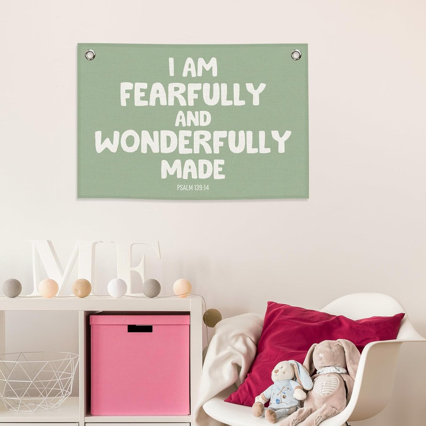 Christian Inspirational Kids Banner Canvas, Bible Verse I'm Fearfully Made Toddler Room Decor, Sage Green Hanging Flag Sign, Nursery Wall Tapestry Art for Playroom Bedroom Classroom 20x30in